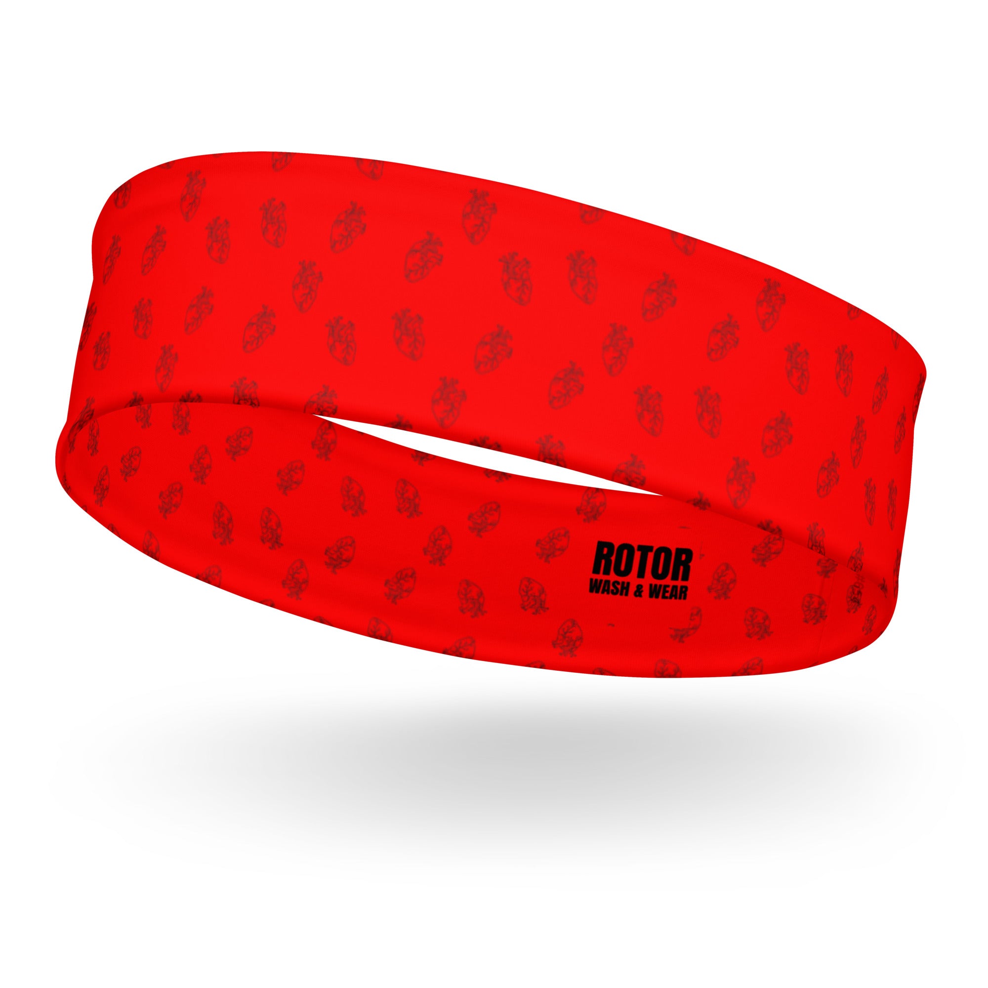 Red headband with black anatomical heart pattern by Rotor Wash & Wear