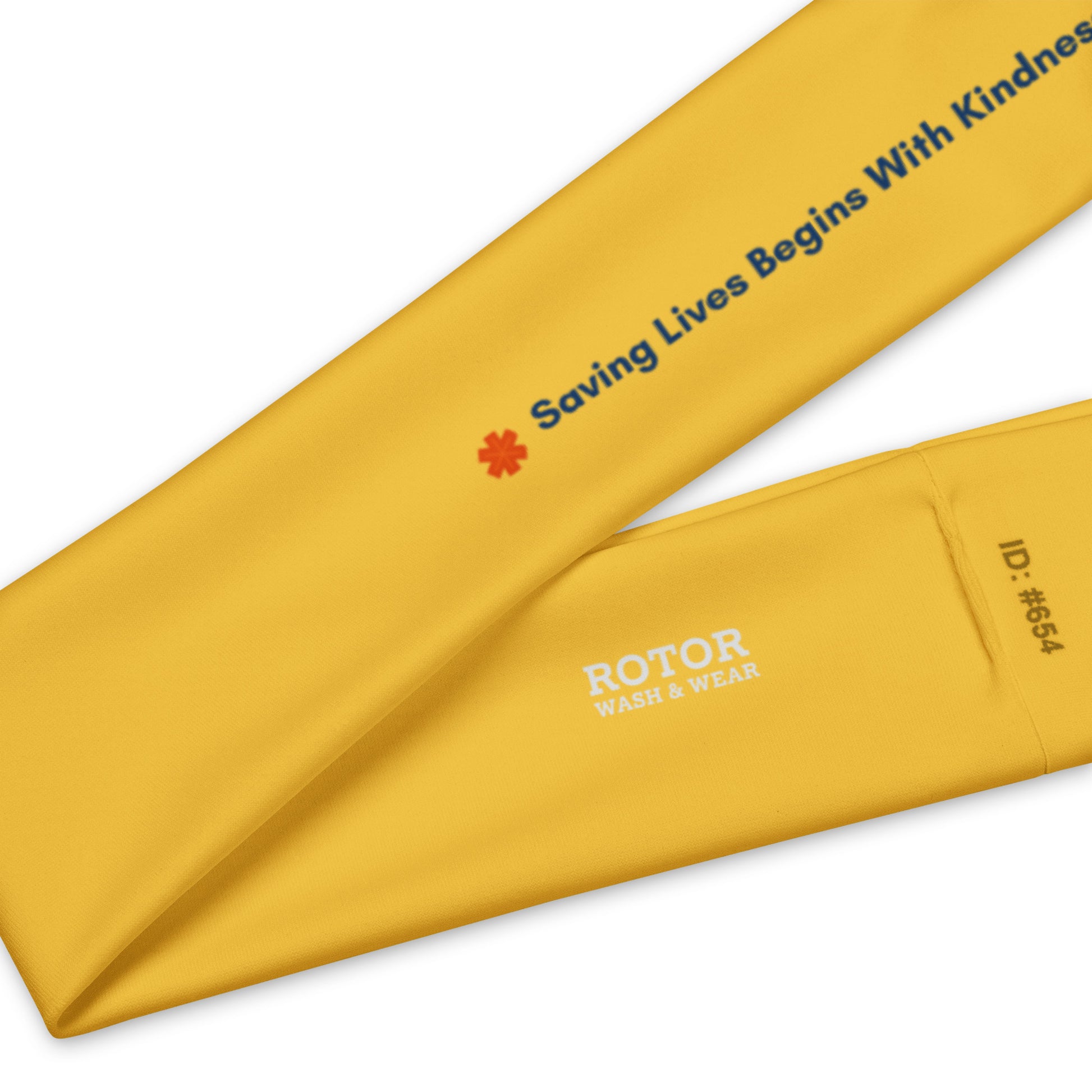 Yellow headband with dark blue text "saving lives begins with kindness" by EMS Avenger and Rotor Wash & Wear