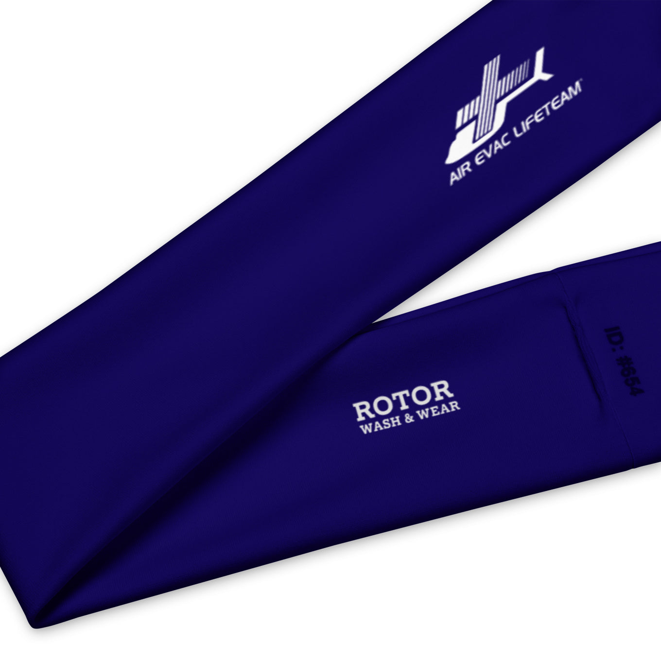 Dark blue headband with Air Evac Lifeteam logo in white by Rotor Wash & Wear