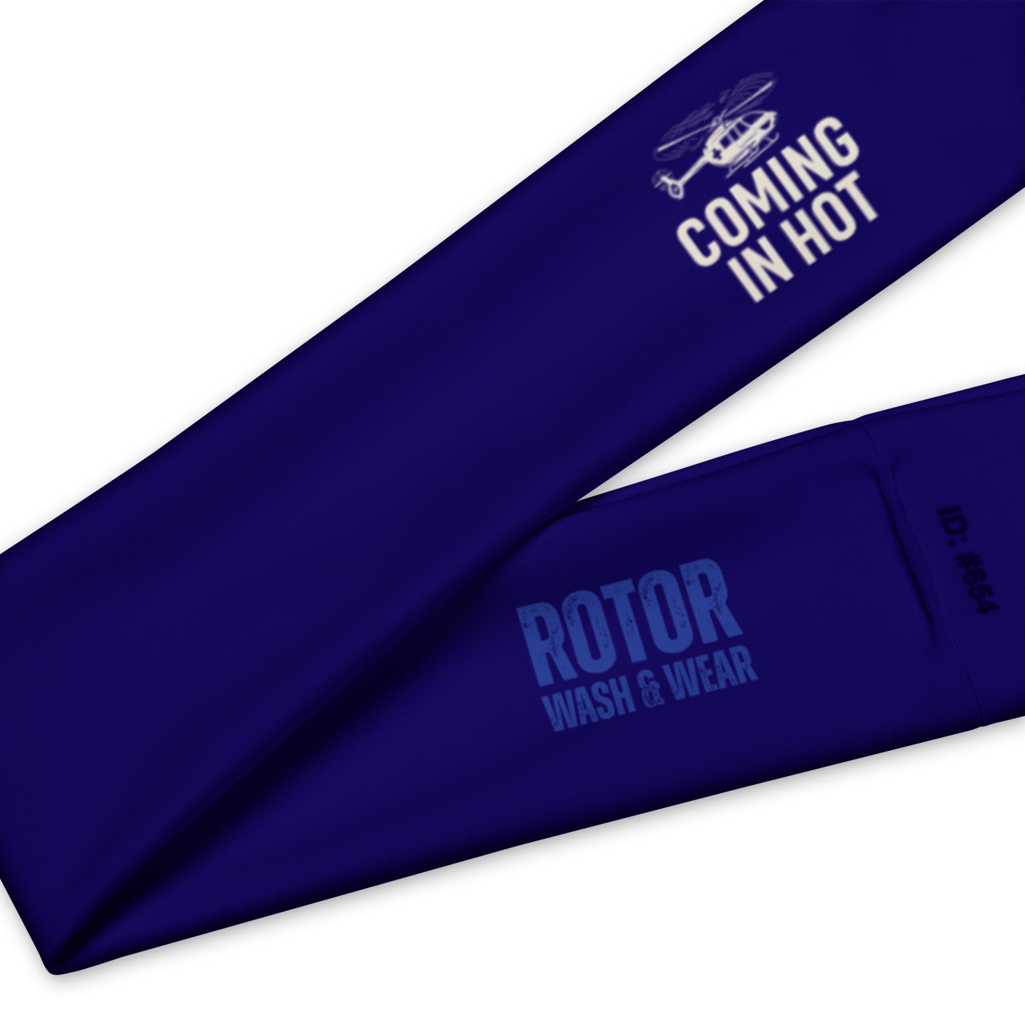 Dark blue headband with medical helicopter graphic and text "coming in hot" by Rotor Wash & Wear