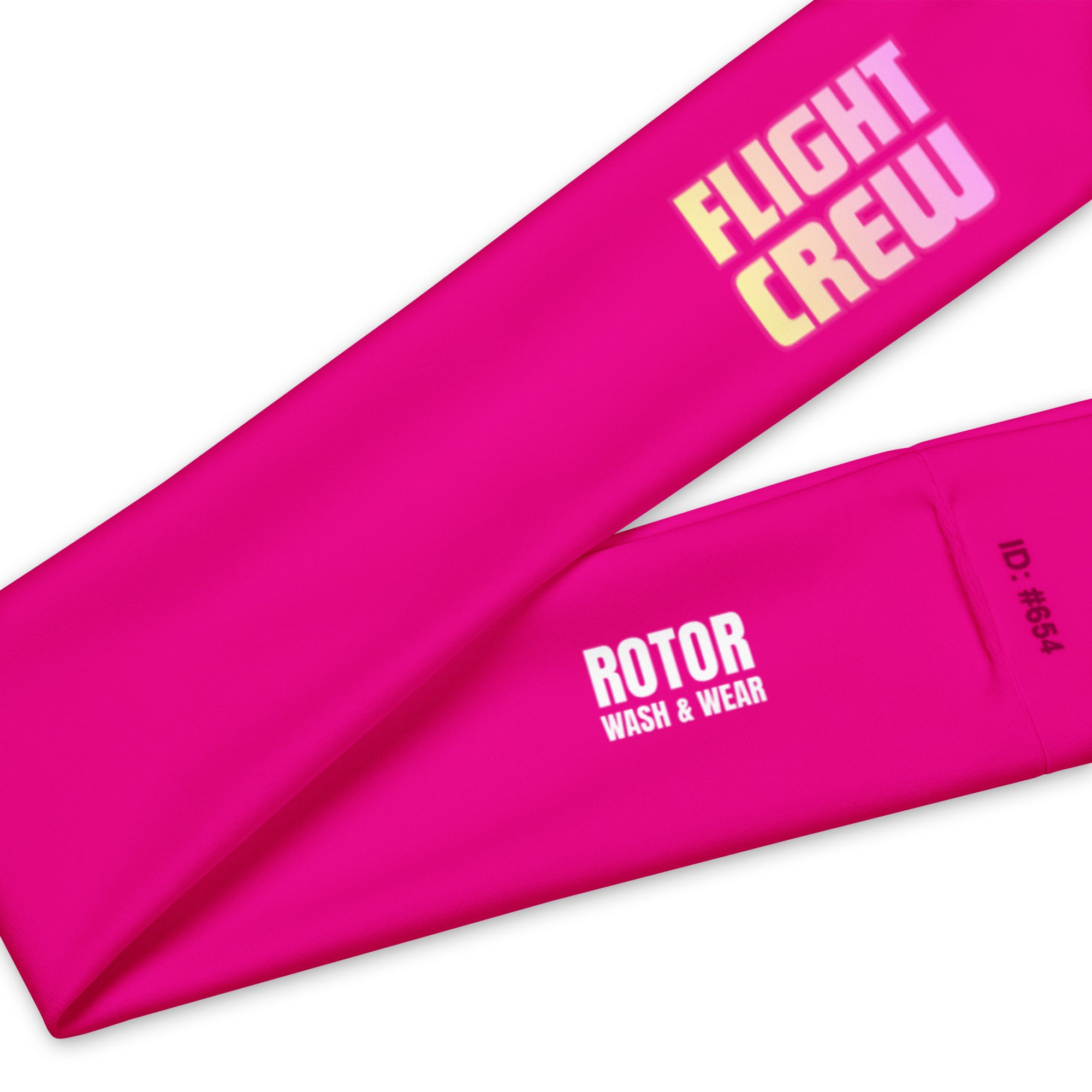 Bright pink headband with "Flight Crew" text by Rotor Wash & Wear