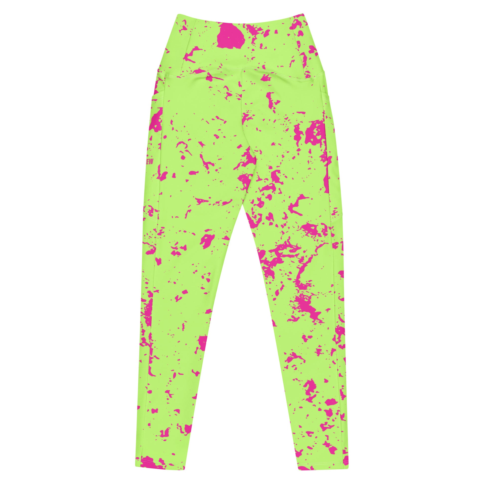Neon green leggings with pink splatter pattern on a white background