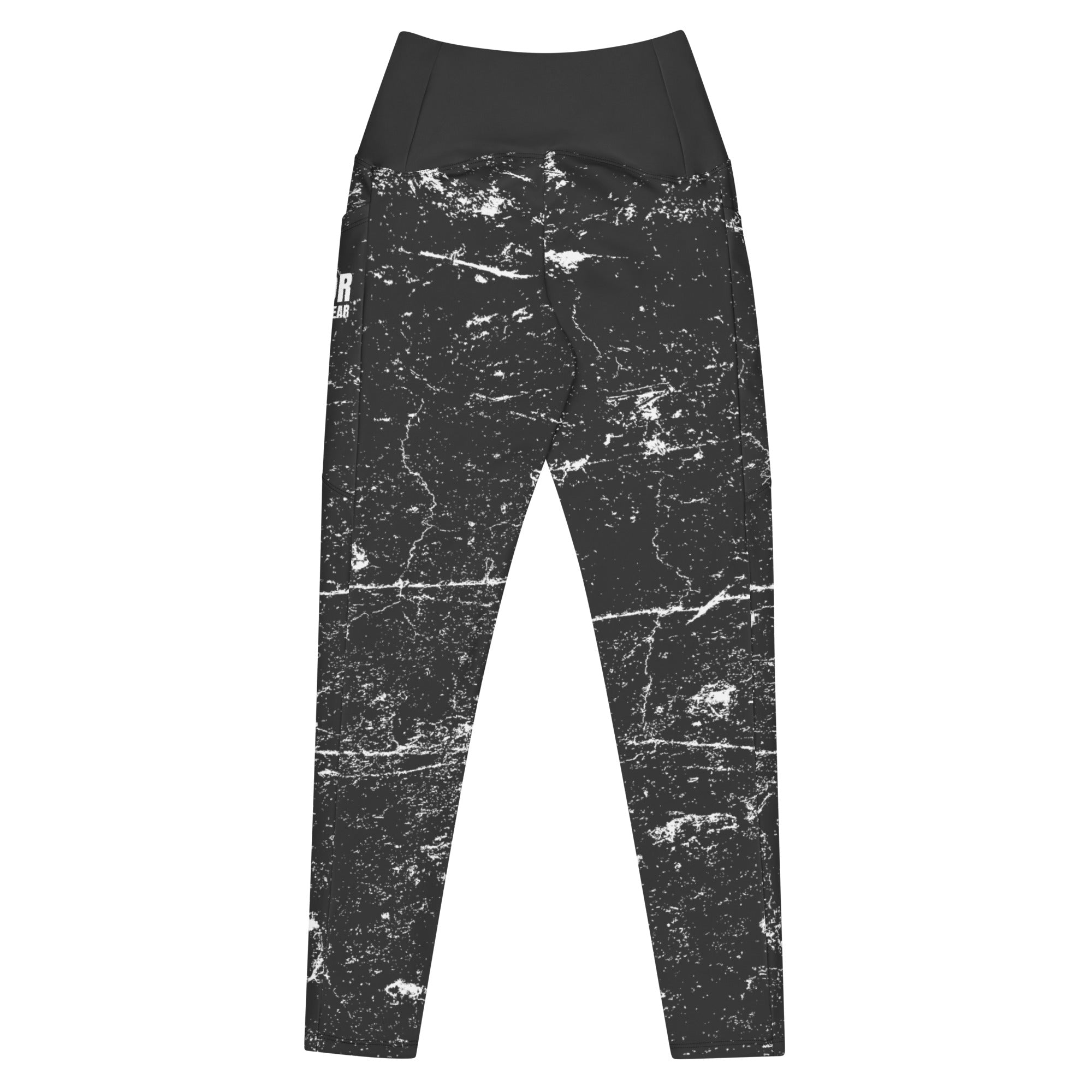 Black leggings with white abstract pattern and Rotor Wash & Wear logo on left pocket