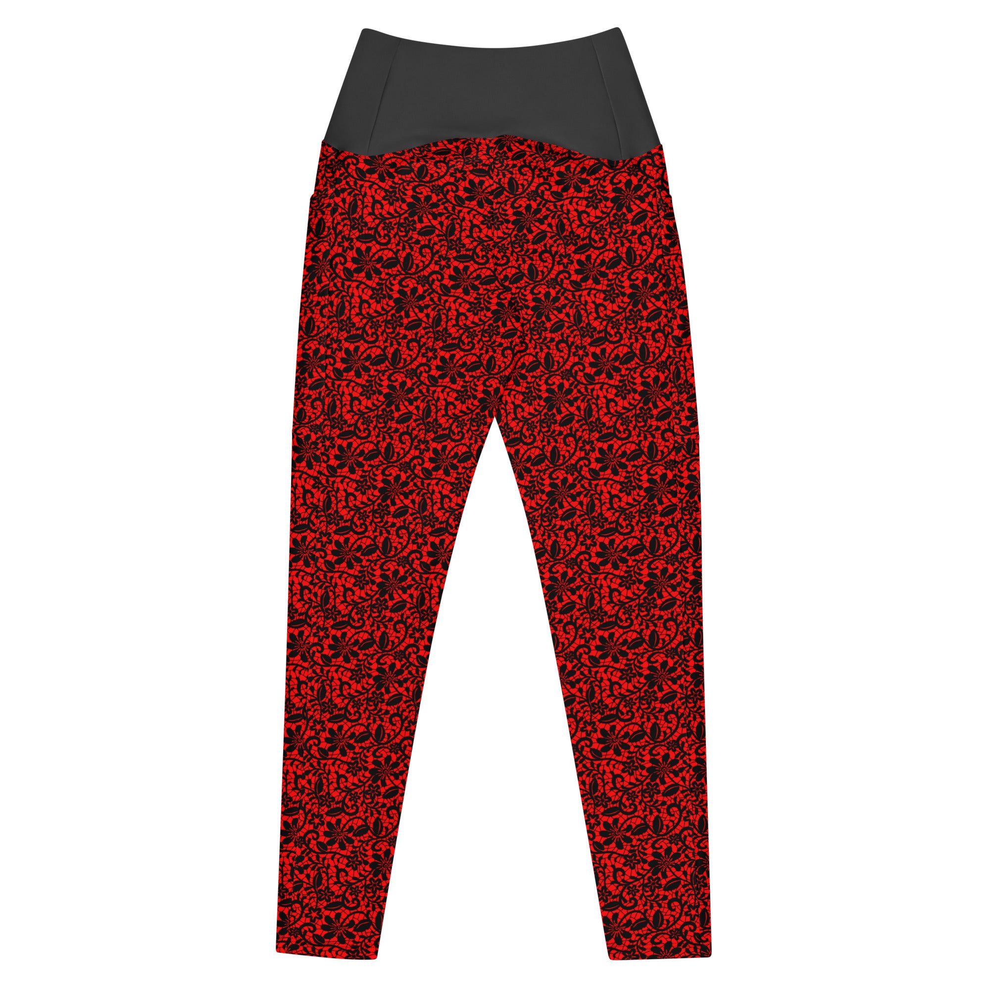 Red and black lace patterned leggings by Rotor Wash & Wear