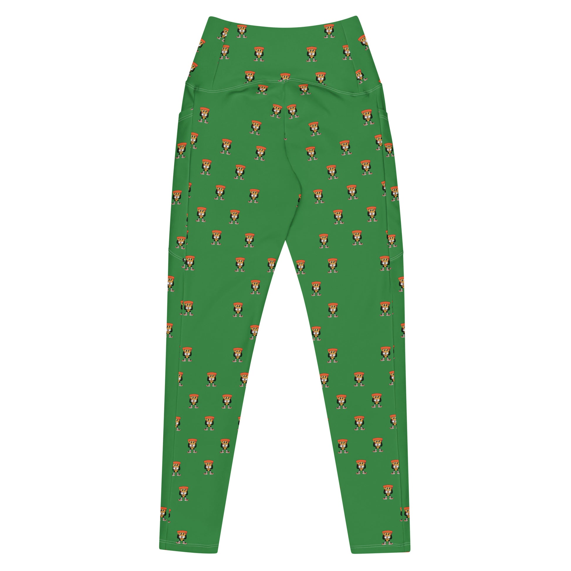 High waisted green leggings with cartoon pizza guy pattern by Rotor Wash & Wear
