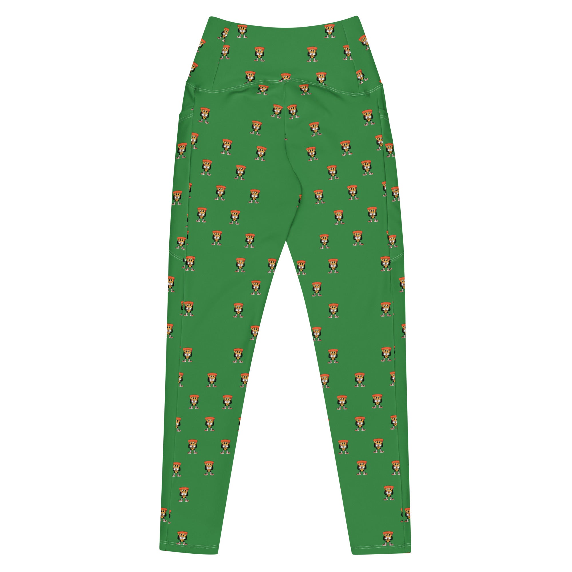 High waisted green leggings with cartoon pizza guy pattern by Rotor Wash & Wear