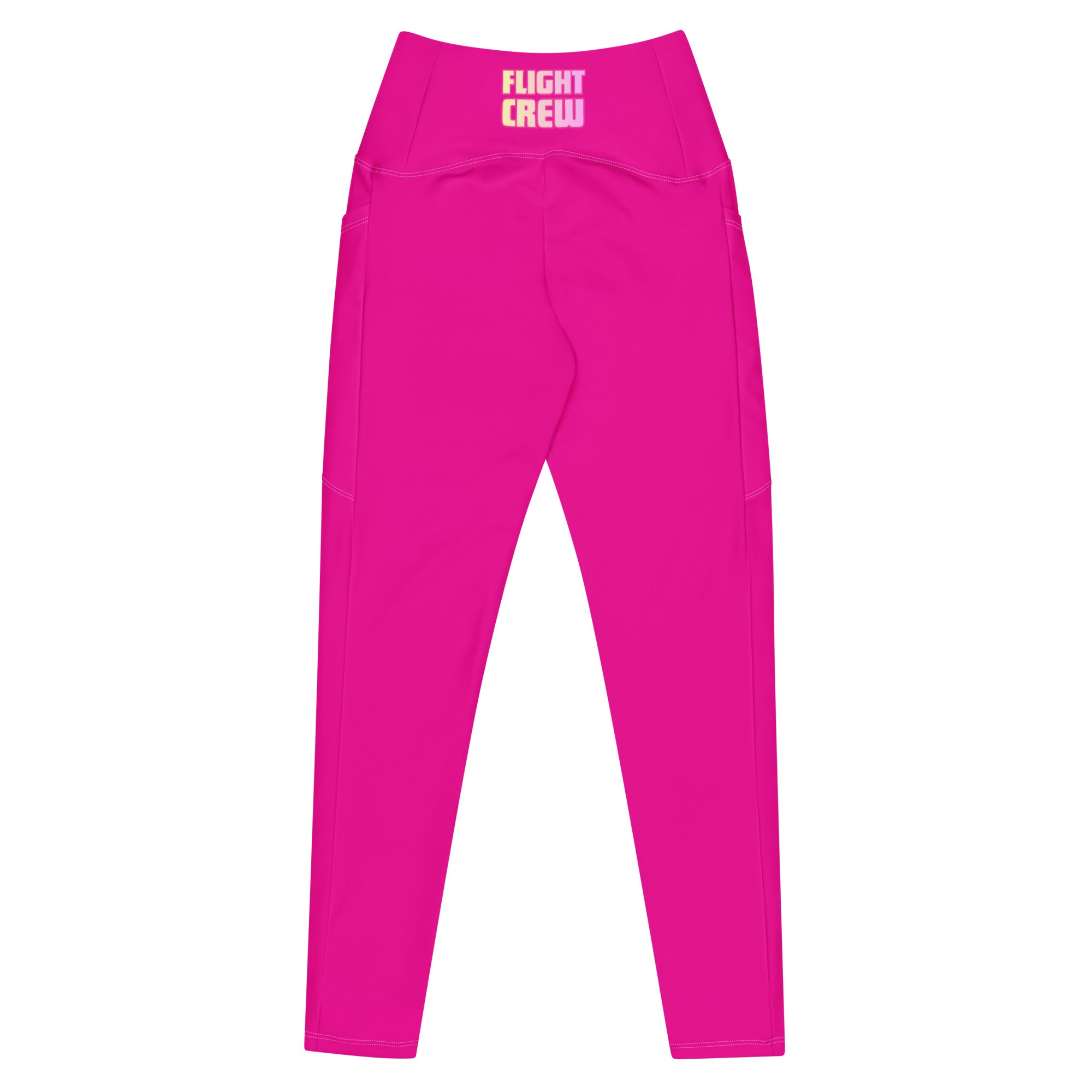 Bright pink leggings with "Flight Crew" on the back waistband by Rotor Wash & Wear