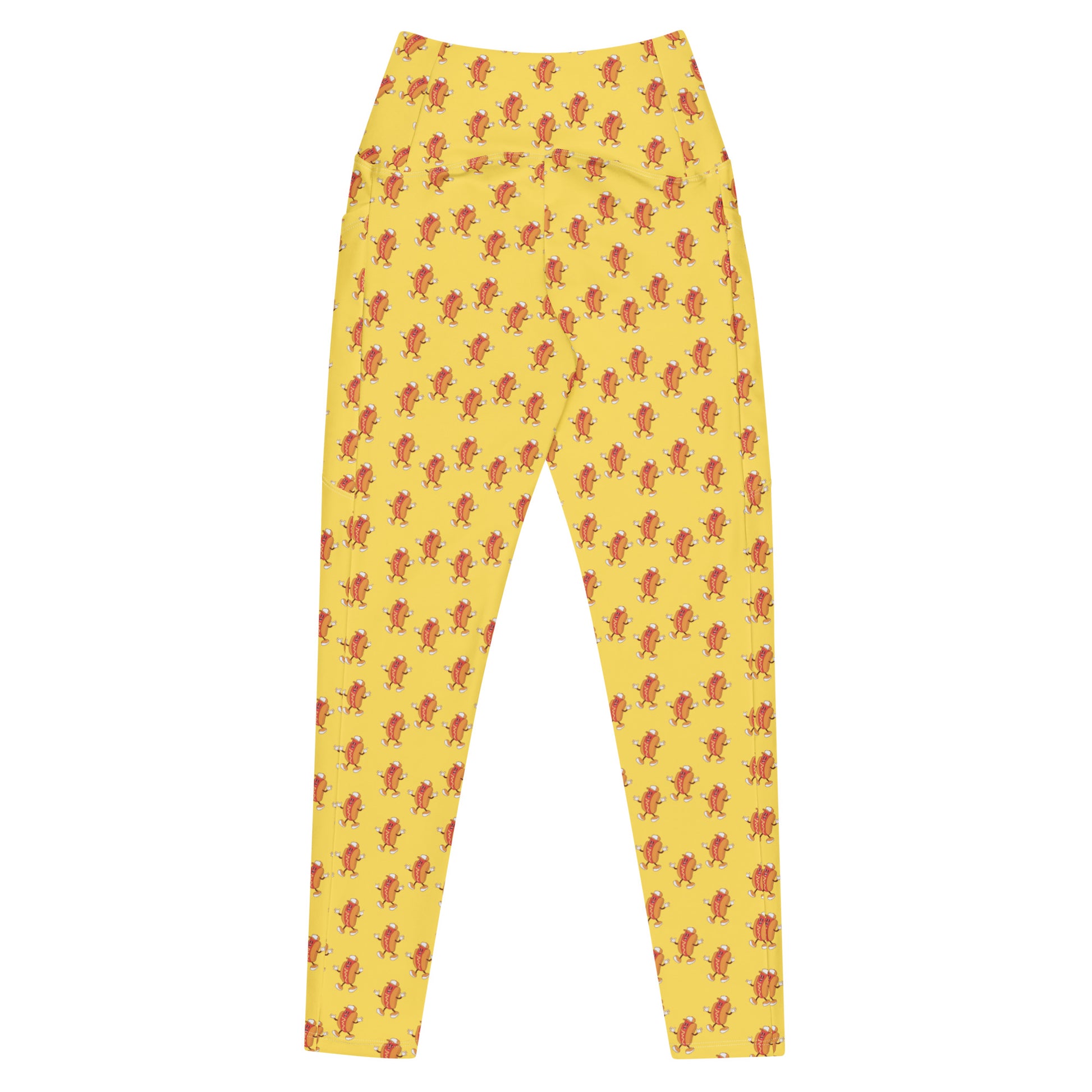 High waisted yellow leggings with funny hotdog cartoon pattern by Rotor Wash & Wear