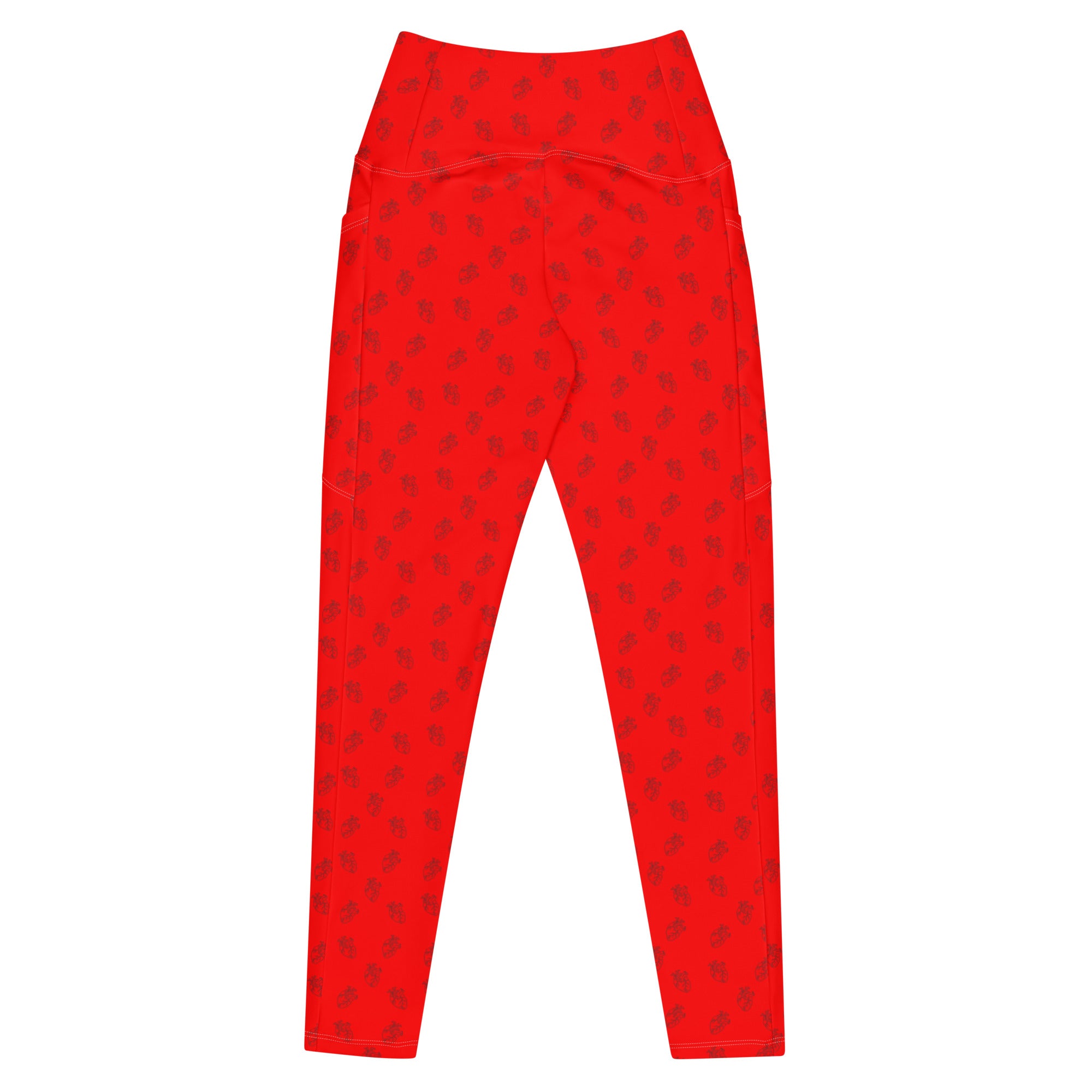 Red leggings with black anatomical heart pattern by Rotor Wash & Wear