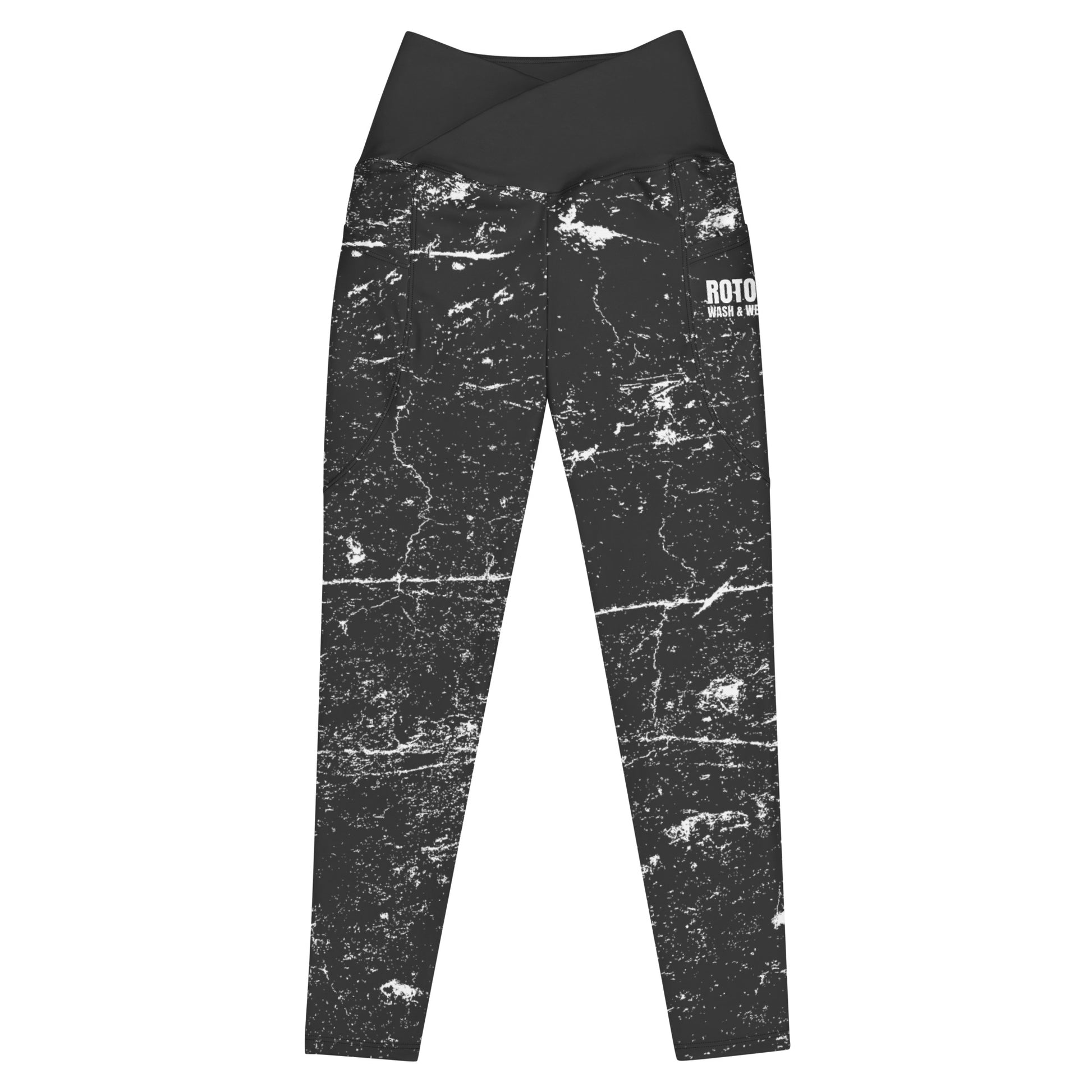 Black leggings with white abstract pattern and Rotor Wash & Wear logo on left pocket