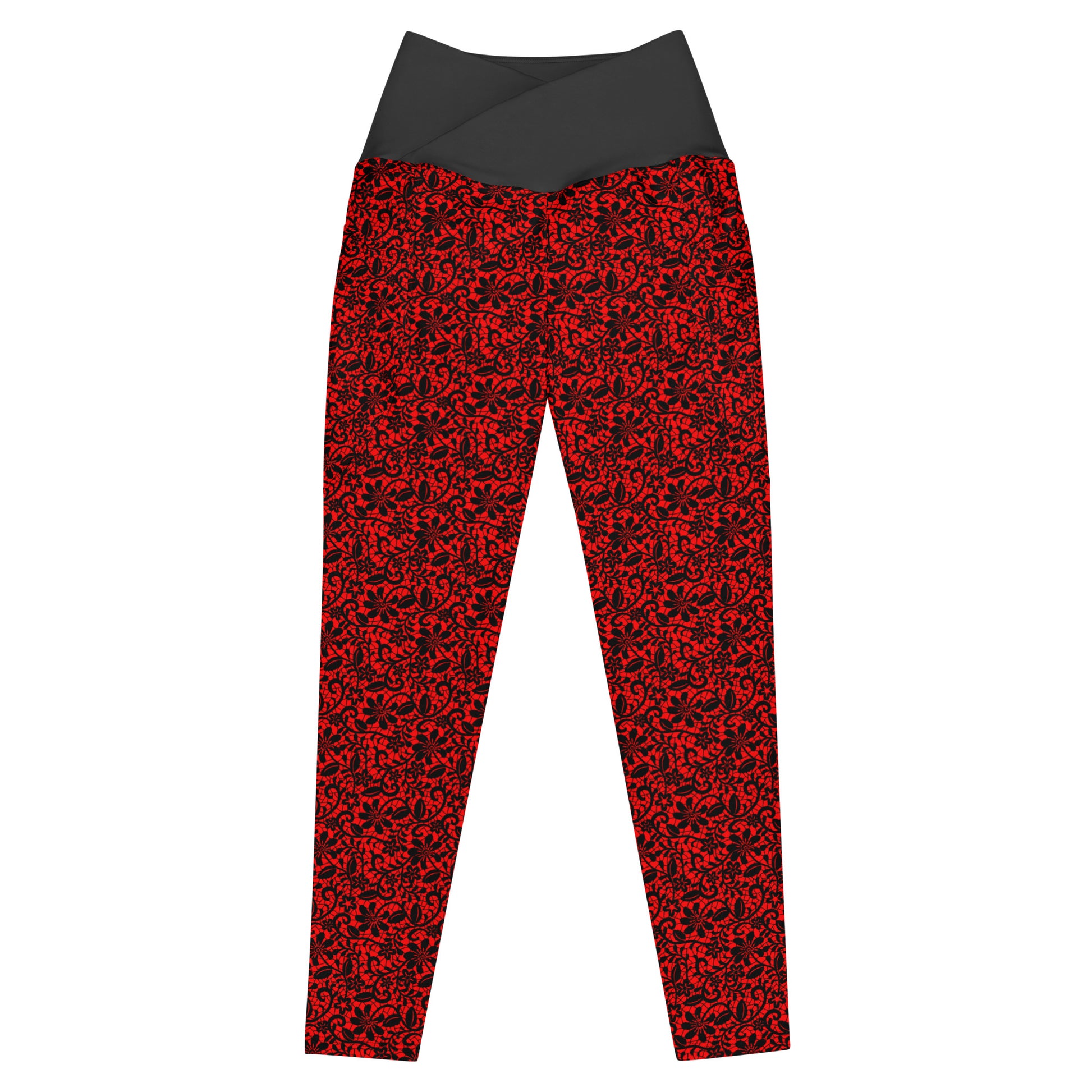 Red and black lace patterned leggings by Rotor Wash & Wear