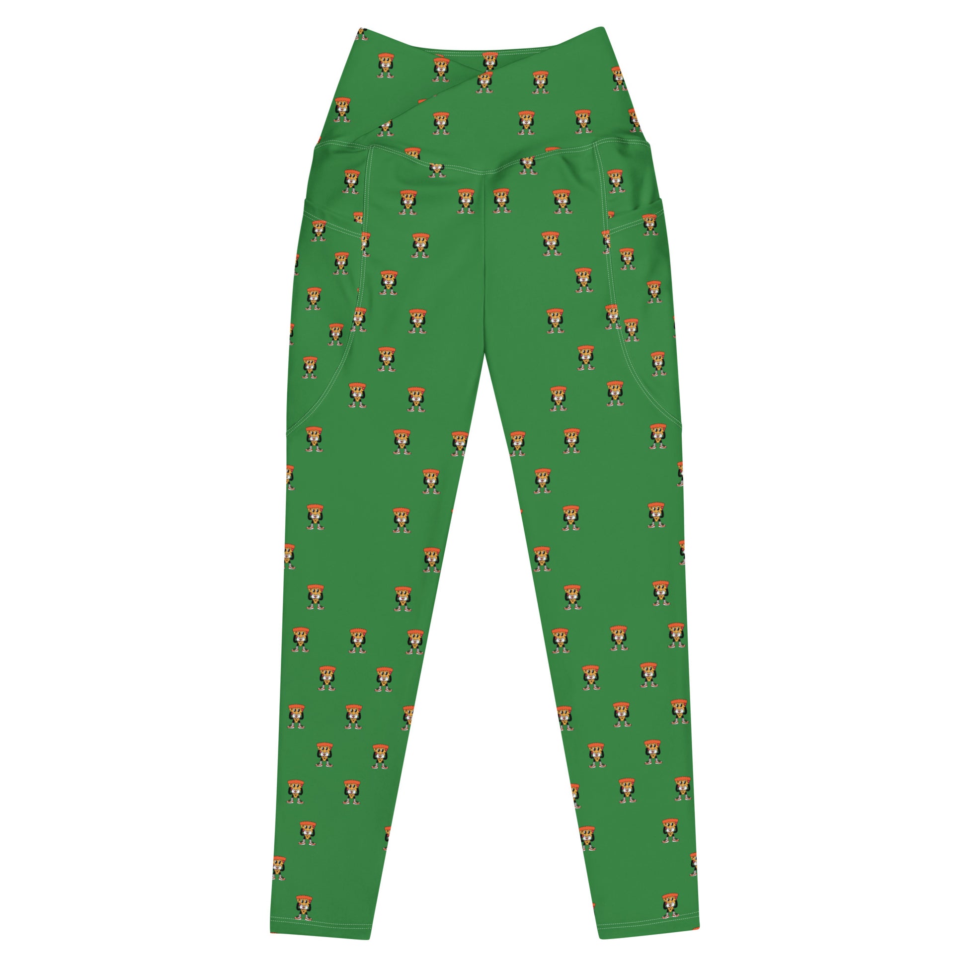 High waisted green leggings with cartoon pizza guy pattern by Rotor Wash & Wear