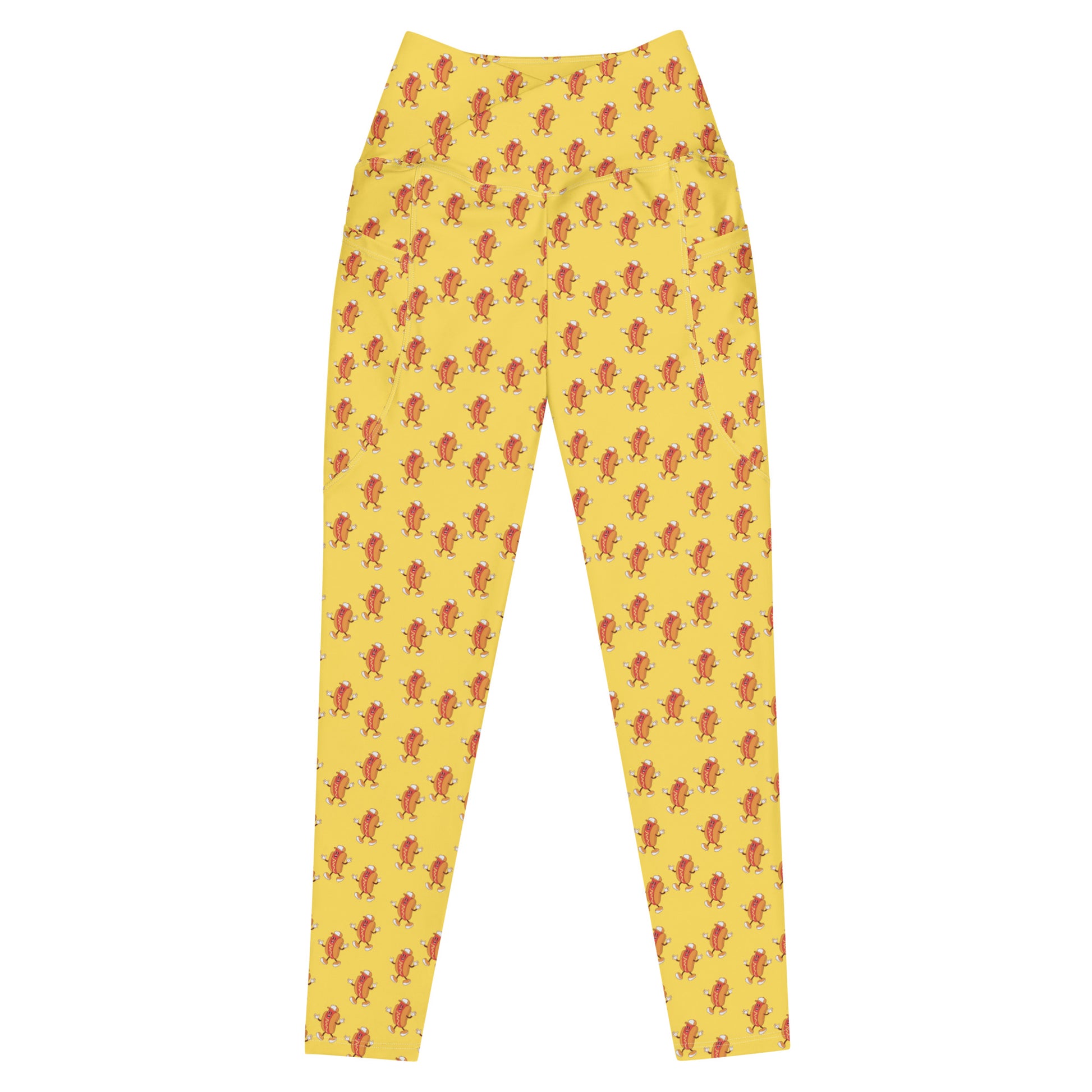High waisted yellow leggings with funny hotdog cartoon pattern by Rotor Wash & Wear