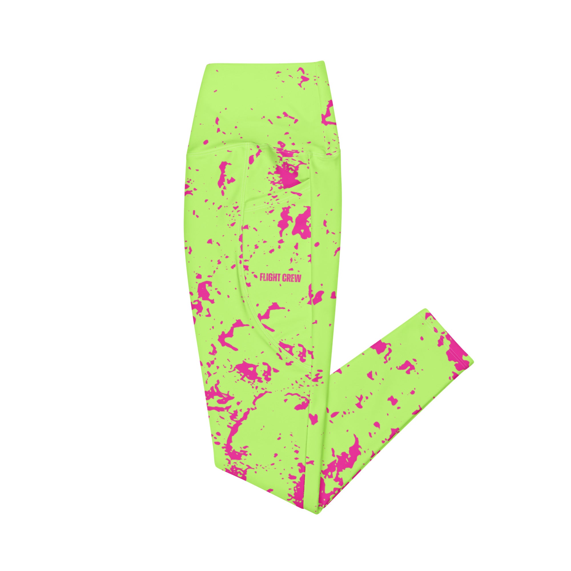 Neon green leggings with pink splatter pattern on a white background