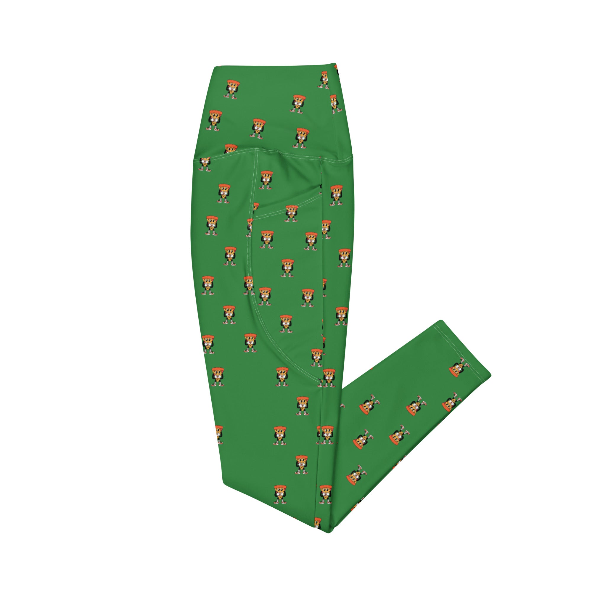 High waisted green leggings with cartoon pizza guy pattern by Rotor Wash & Wear