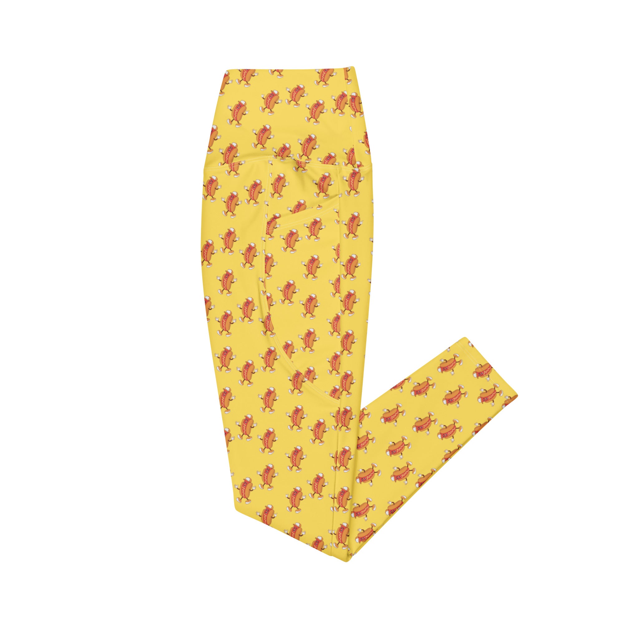 High waisted yellow leggings with funny hotdog cartoon pattern by Rotor Wash & Wear