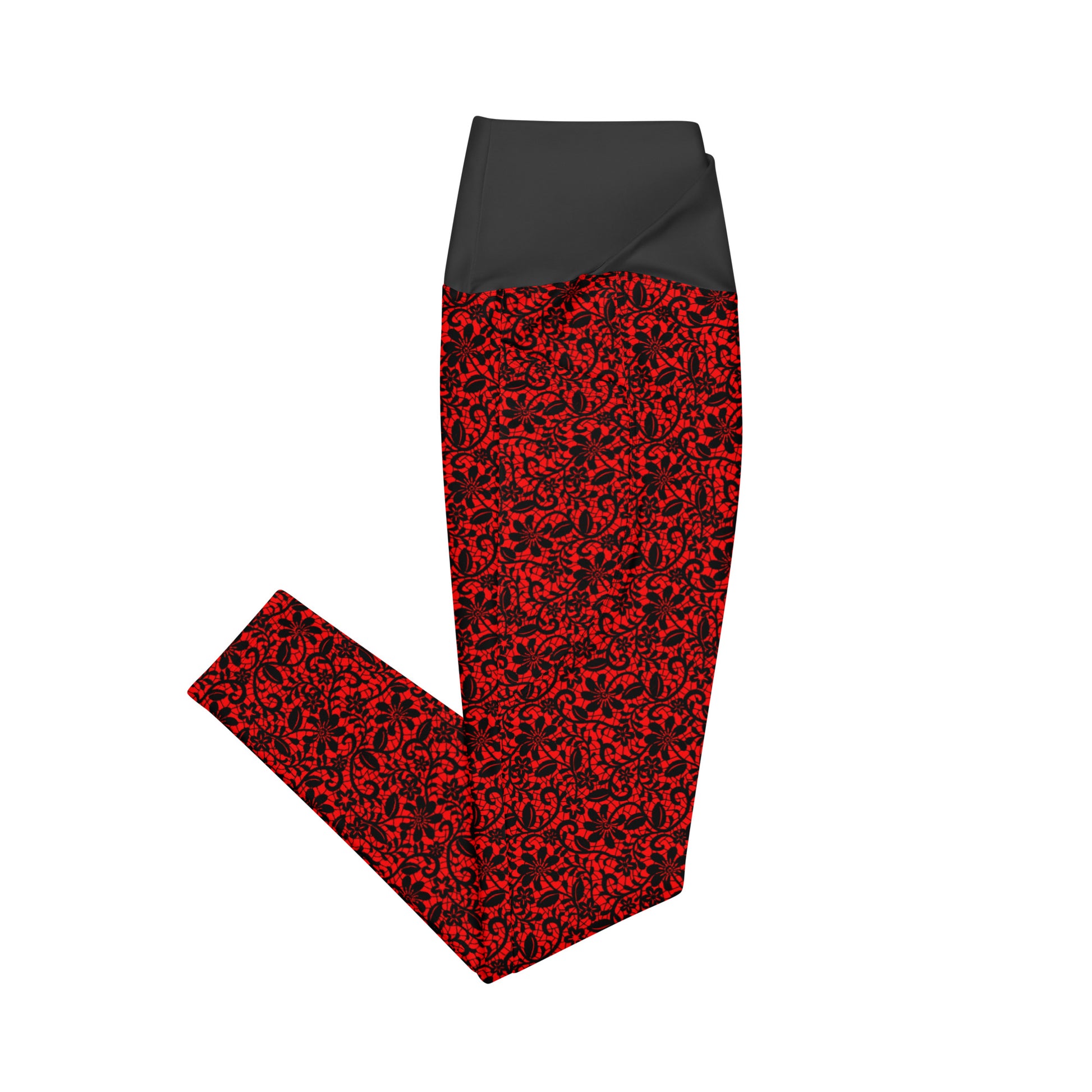 Red and black lace patterned leggings by Rotor Wash & Wear