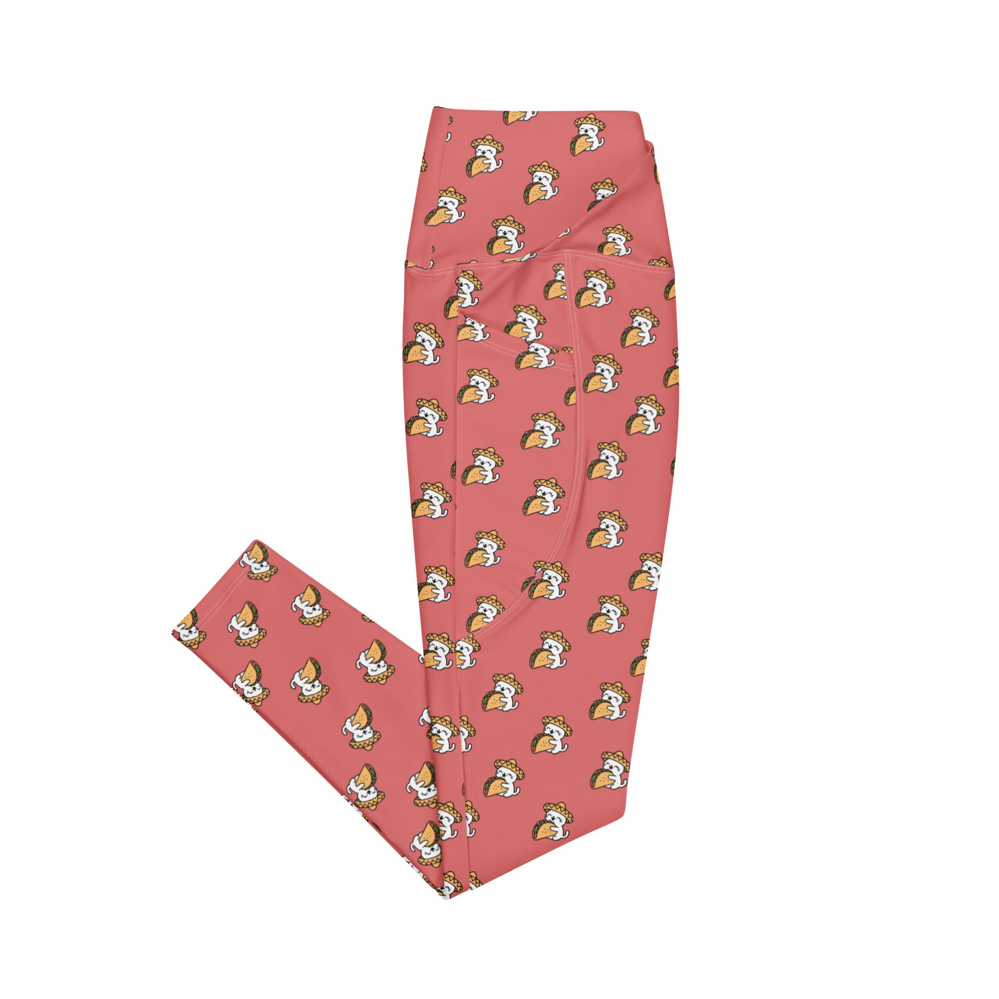 High waisted peach leggings with funny taco cat pattern by Rotor Wash & Wear
