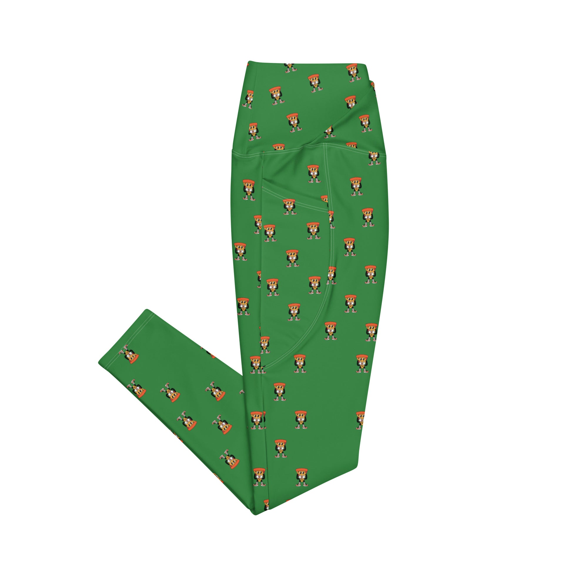 High waisted green leggings with cartoon pizza guy pattern by Rotor Wash & Wear