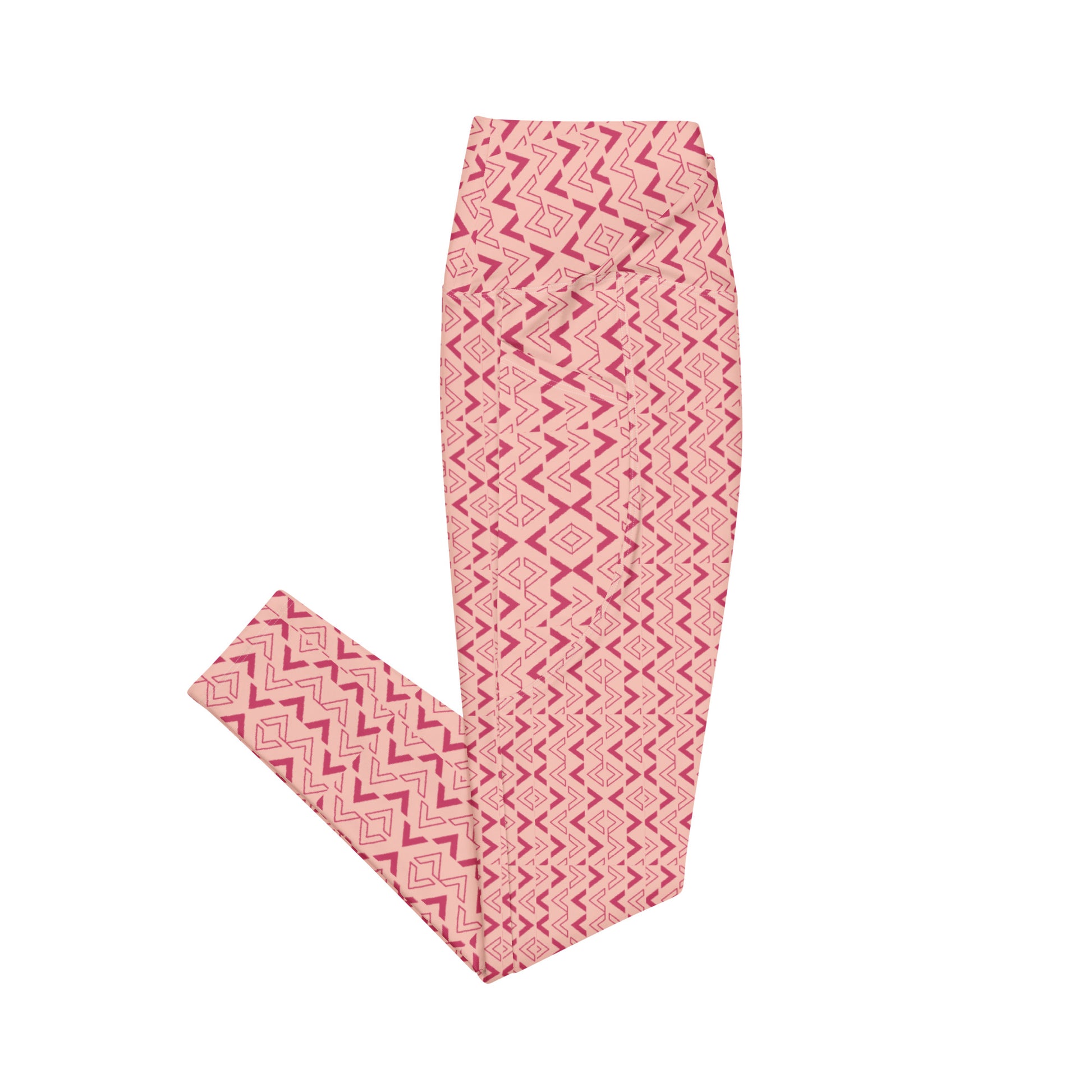 High waisted peach leggings with dark pink arrow pattern by Rotor Wash & Wear