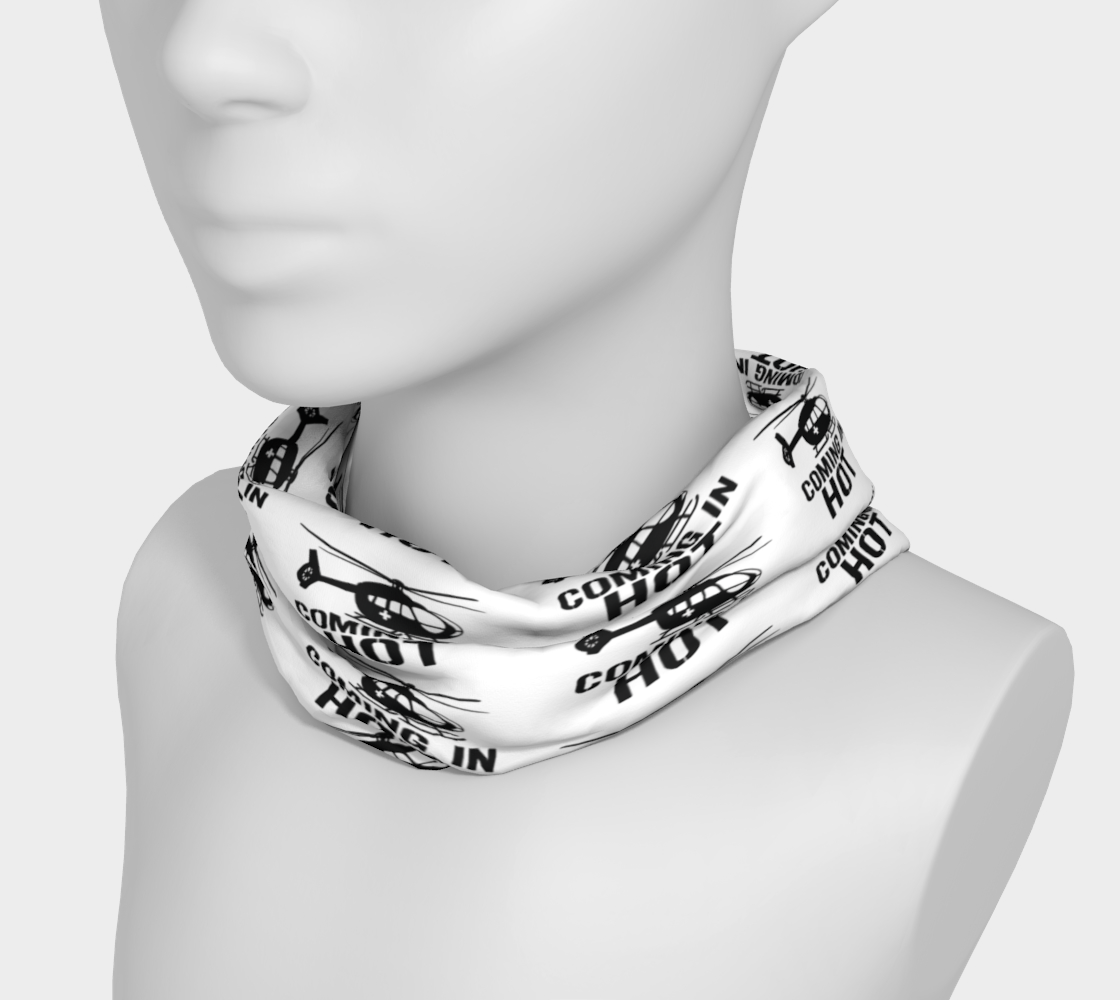 Neck gaiter with black text "coming in hot" and helicopter graphic 