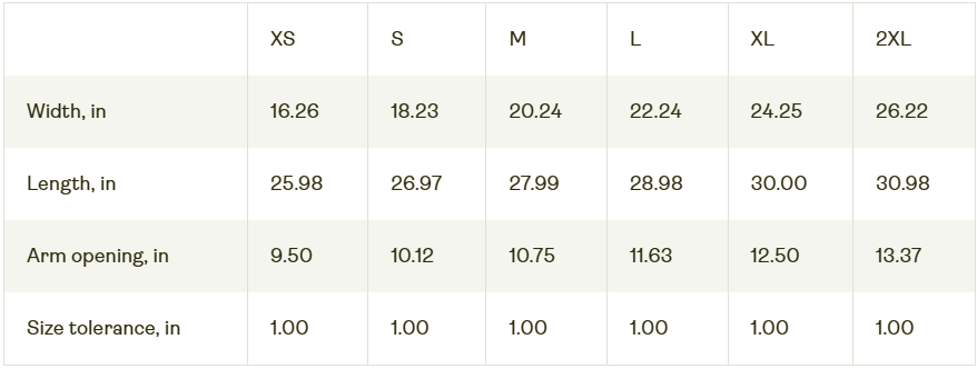 Size chart for tank top with measurements in inches