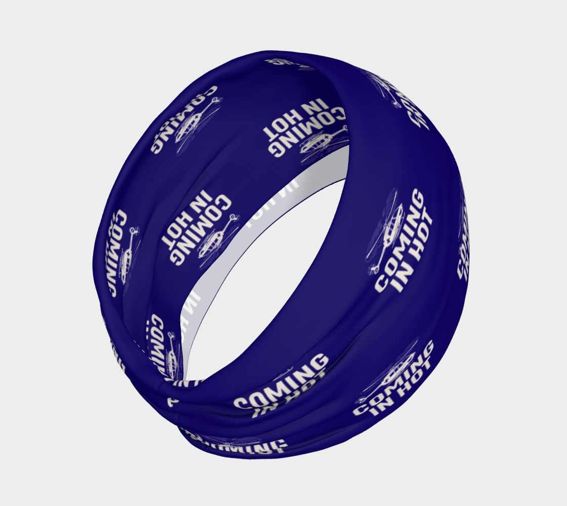 Blue headband with 'Coming In Hot' text and helicopter graphic on a gray background