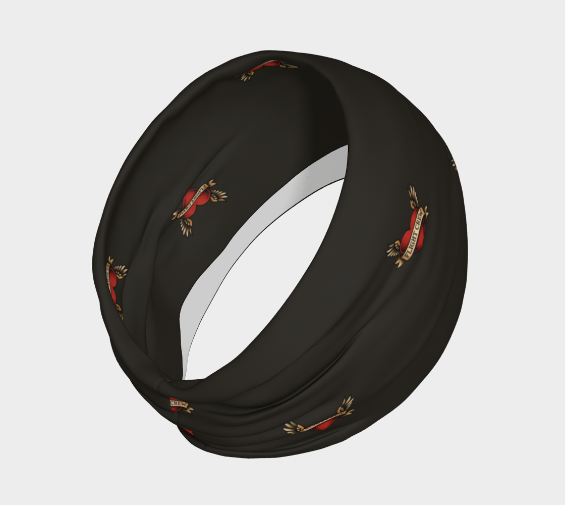 Black headband with heart and arrow designs and text "flight crew" on a white background