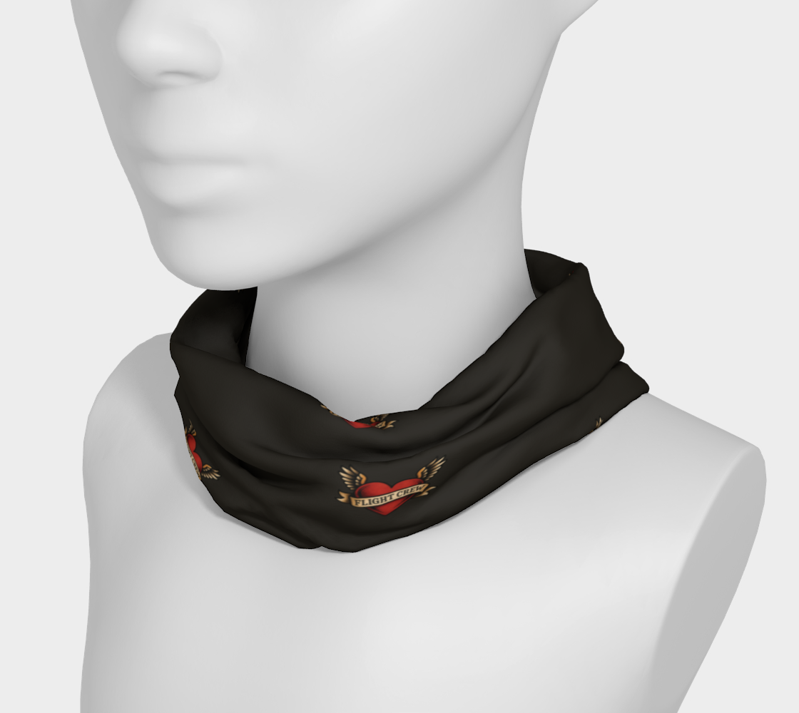 Black neck gaiter with heart and arrow designs and text "flight crew" on a mannequin head against a white background