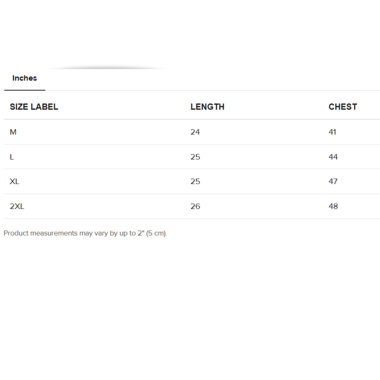 Size chart for clothing with measurements in inches