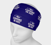 Blue headband with 'Coming in Hot' text and helicopter graphics on a white mannequin head.
