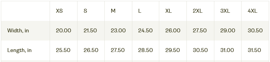 Table displaying measurements in centimeters for width and length with increments from XS to 4XL.
