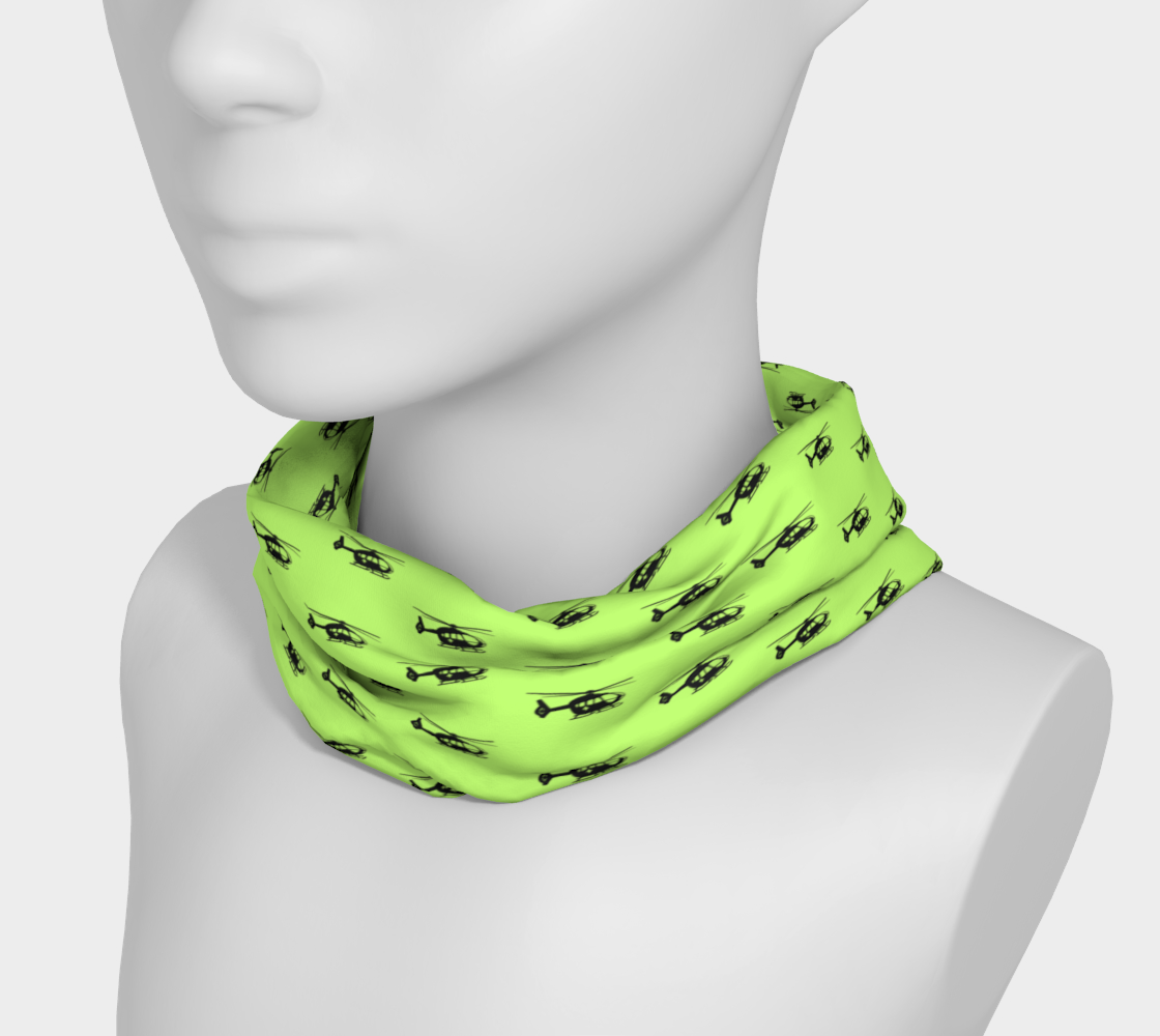 Lime green neck gaiter with black helicopter pattern on a mannequin head against a white background