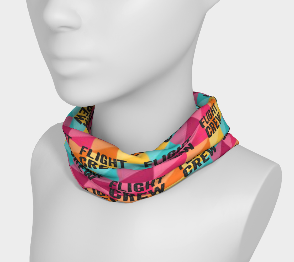 Colorful neck gaiter with 'FLIGHT CREW' text on a mannequin head.