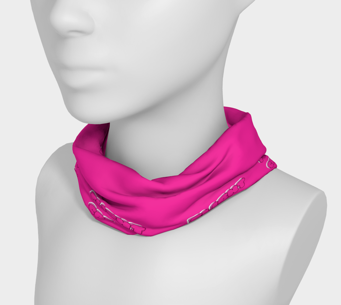 Mannequin wearing a bright pink neck gaiter with text "Flight Crew" pattern on a white background