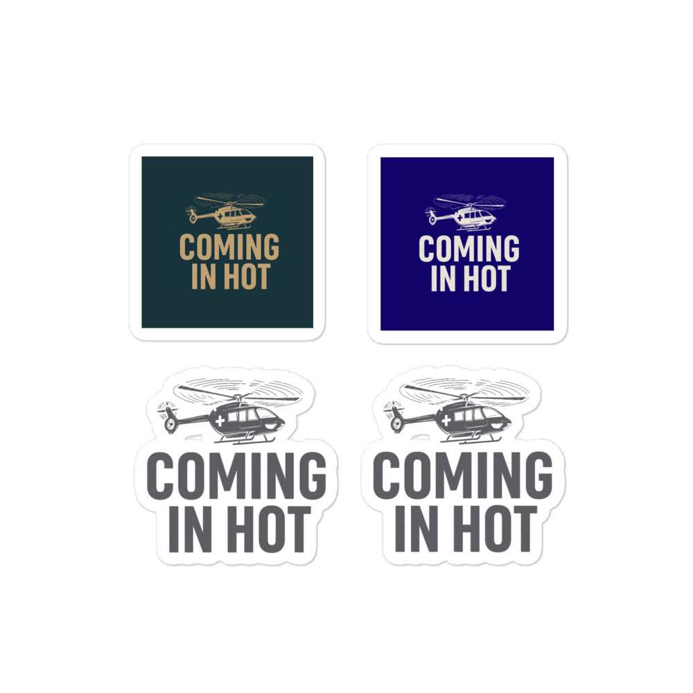 Set of 4 stickers with various colors of a helicopter graphic with text "coming in hot" by Rotor Wash & Wear