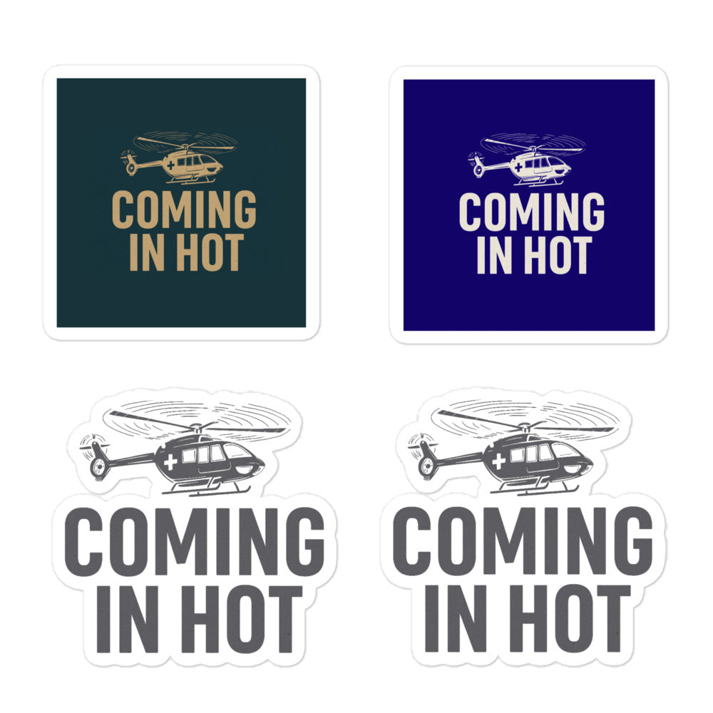 Set of 4 stickers with various colors of a helicopter graphic with text "coming in hot" by Rotor Wash & Wear