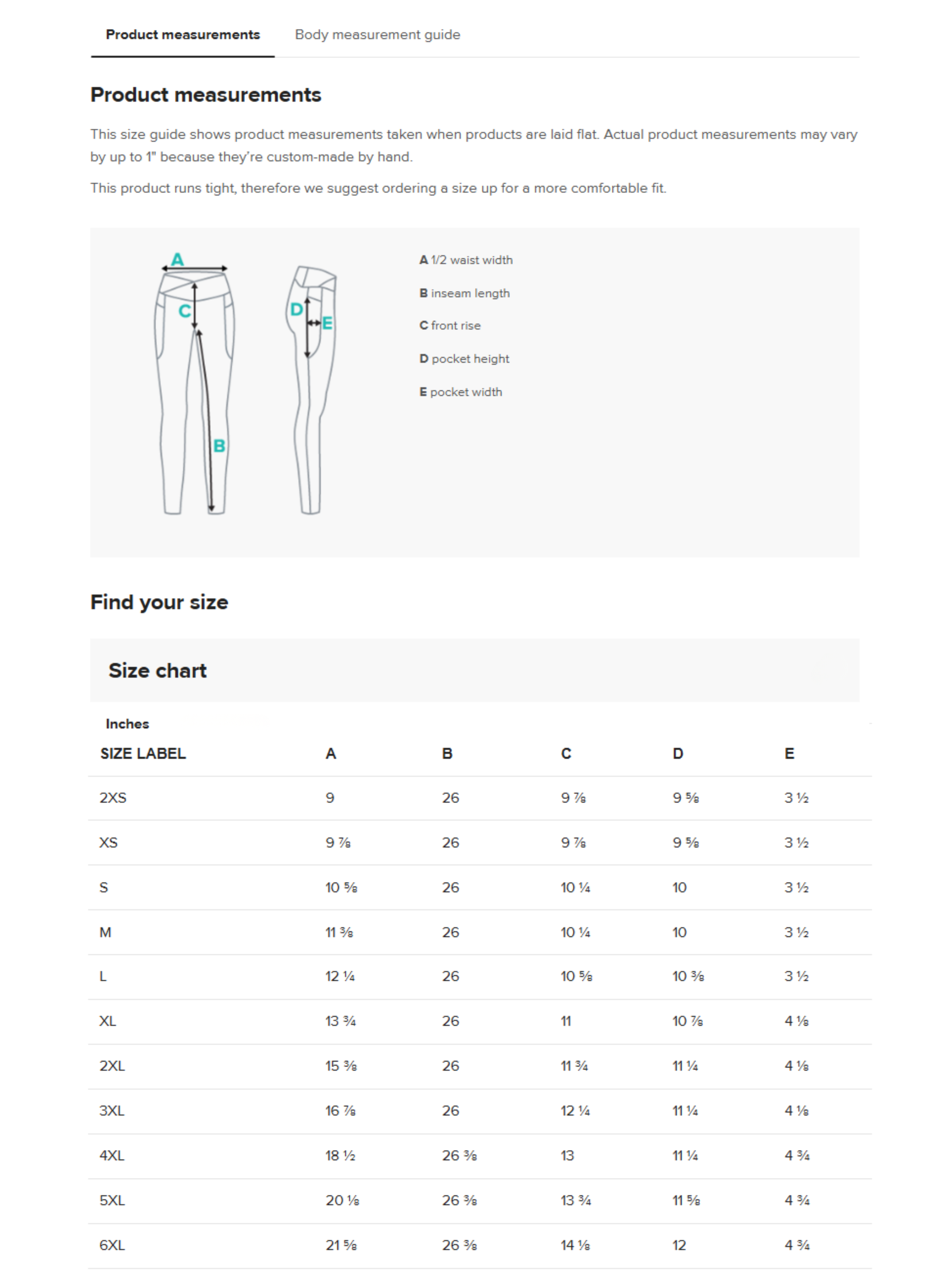 Size chart for leggings