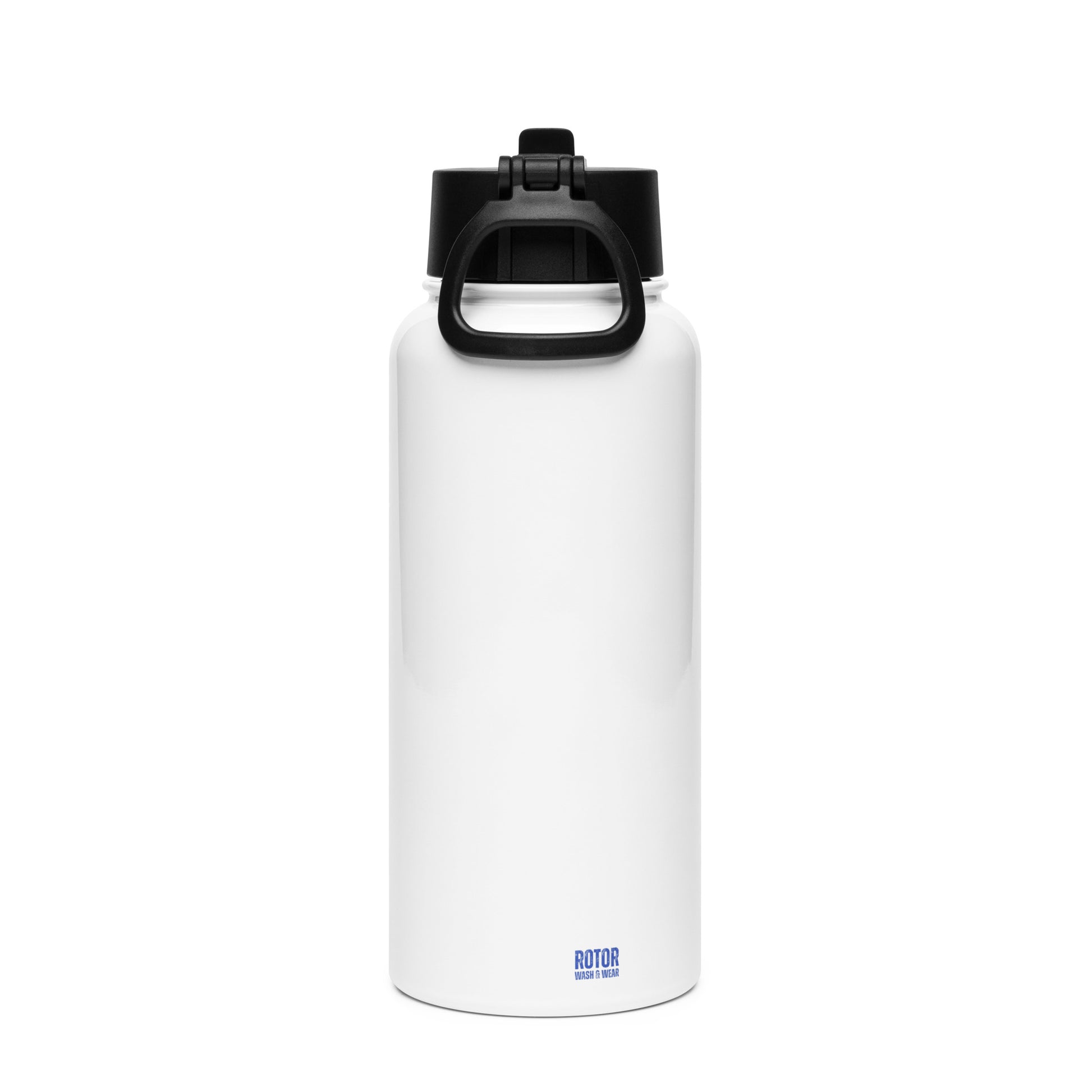 White water bottle with black cap on a white background
