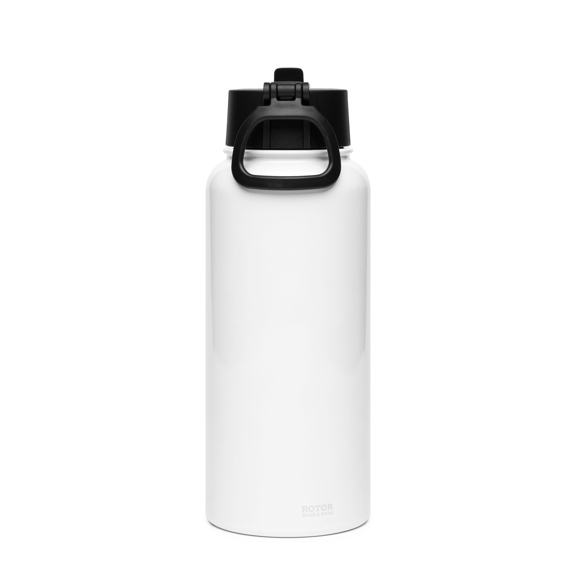 White water bottle with black cap on a white background
