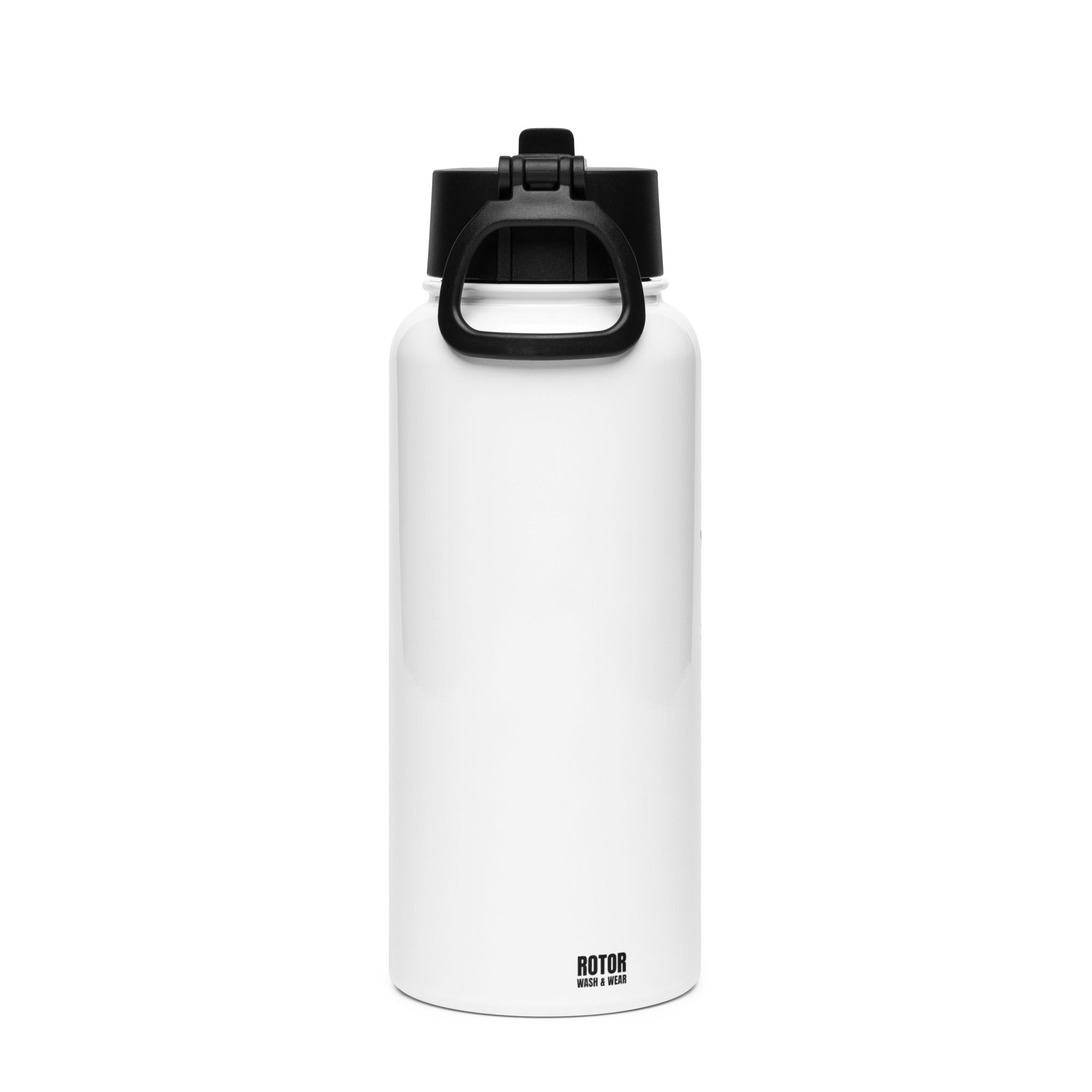 White water bottle with black cap on a white background