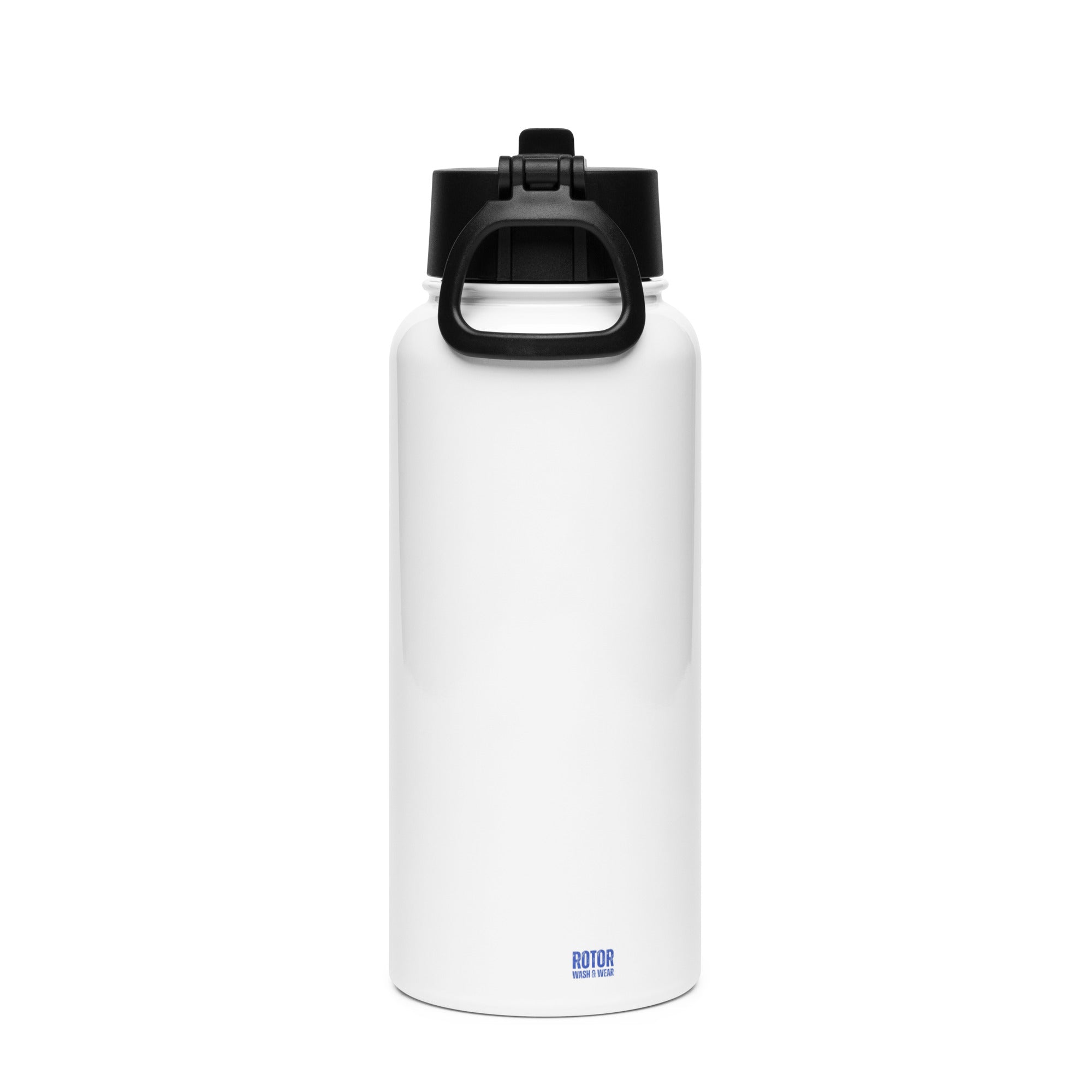 White water bottle with black cap on a white background