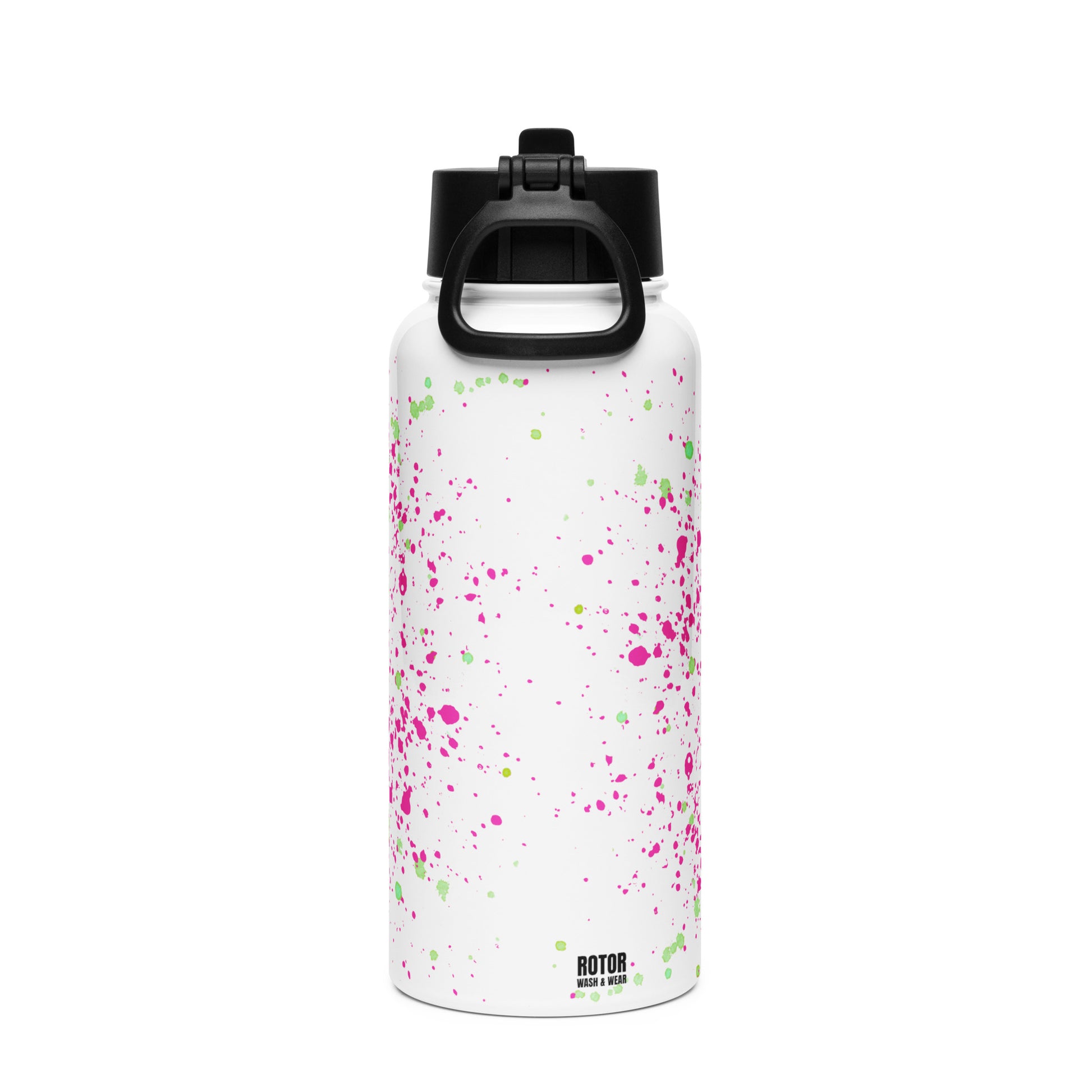 White water bottle with colorful speckles and black cap on a white background
