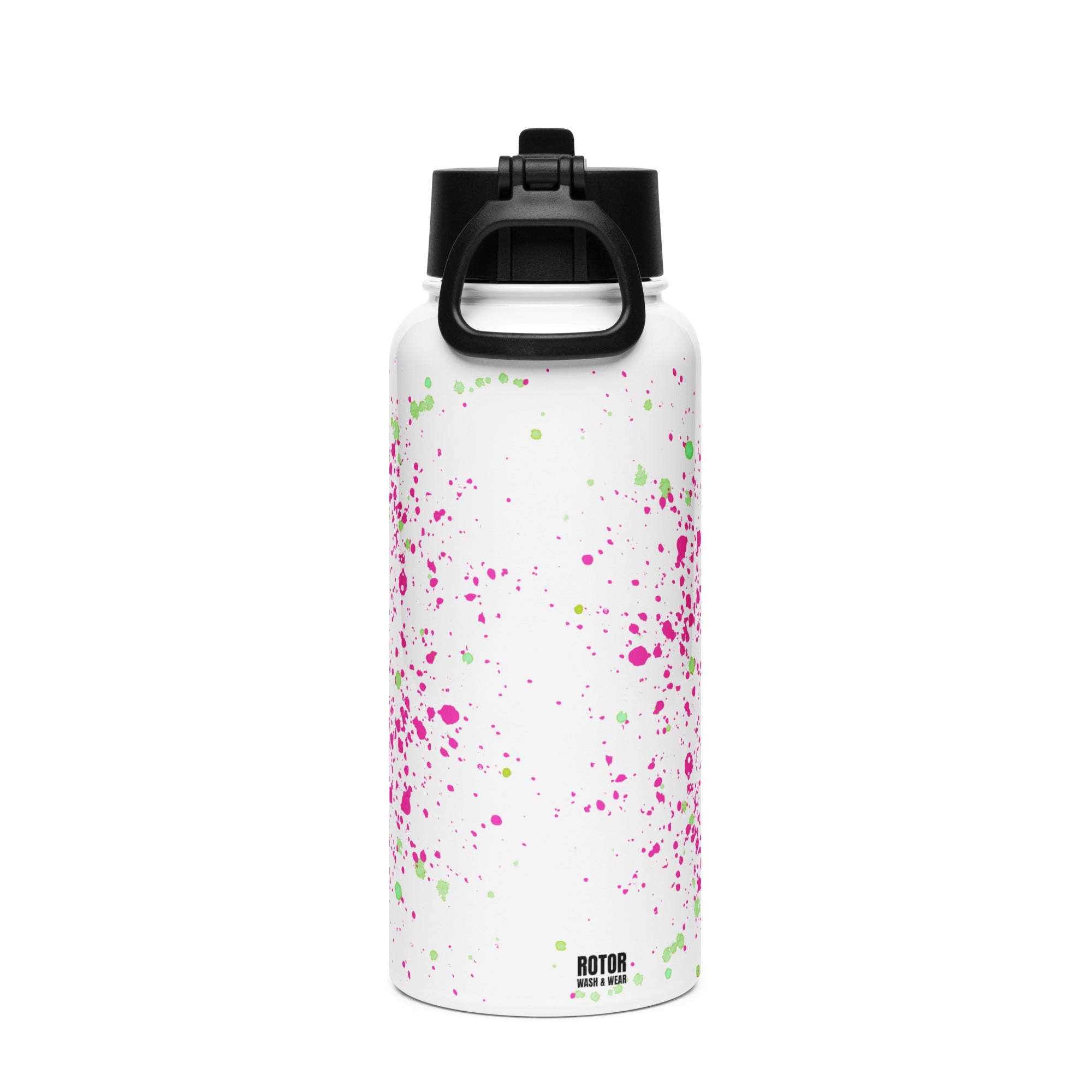 White water bottle with colorful speckles and black cap on a white background