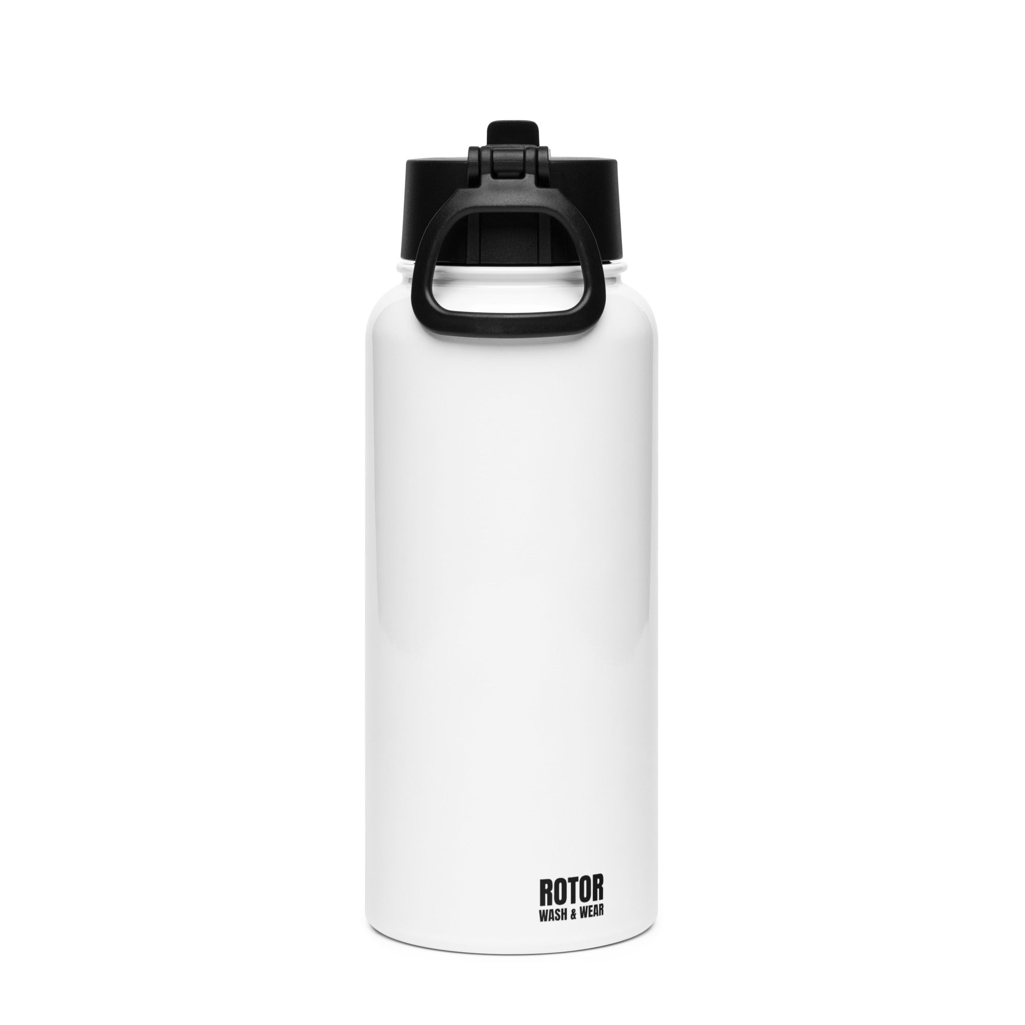 White water bottle with black lid featuring a graphic design of a helicopter and 'FLIGHT CREW' text on by Rotor Wash & Wear