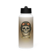 Water bottle with skull design and 'Flight Crew' text on a beige background by Rotor Wash & Wear