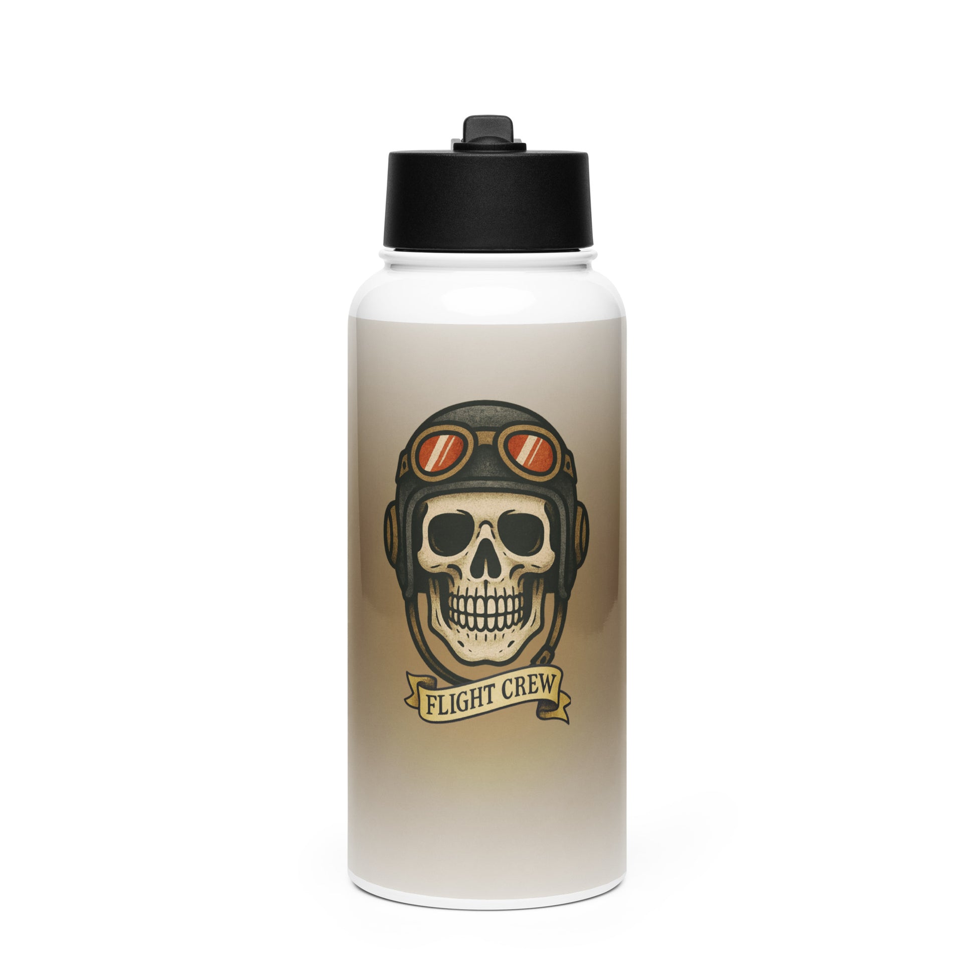 Water bottle with skull design and 'Flight Crew' text on a beige background by Rotor Wash & Wear