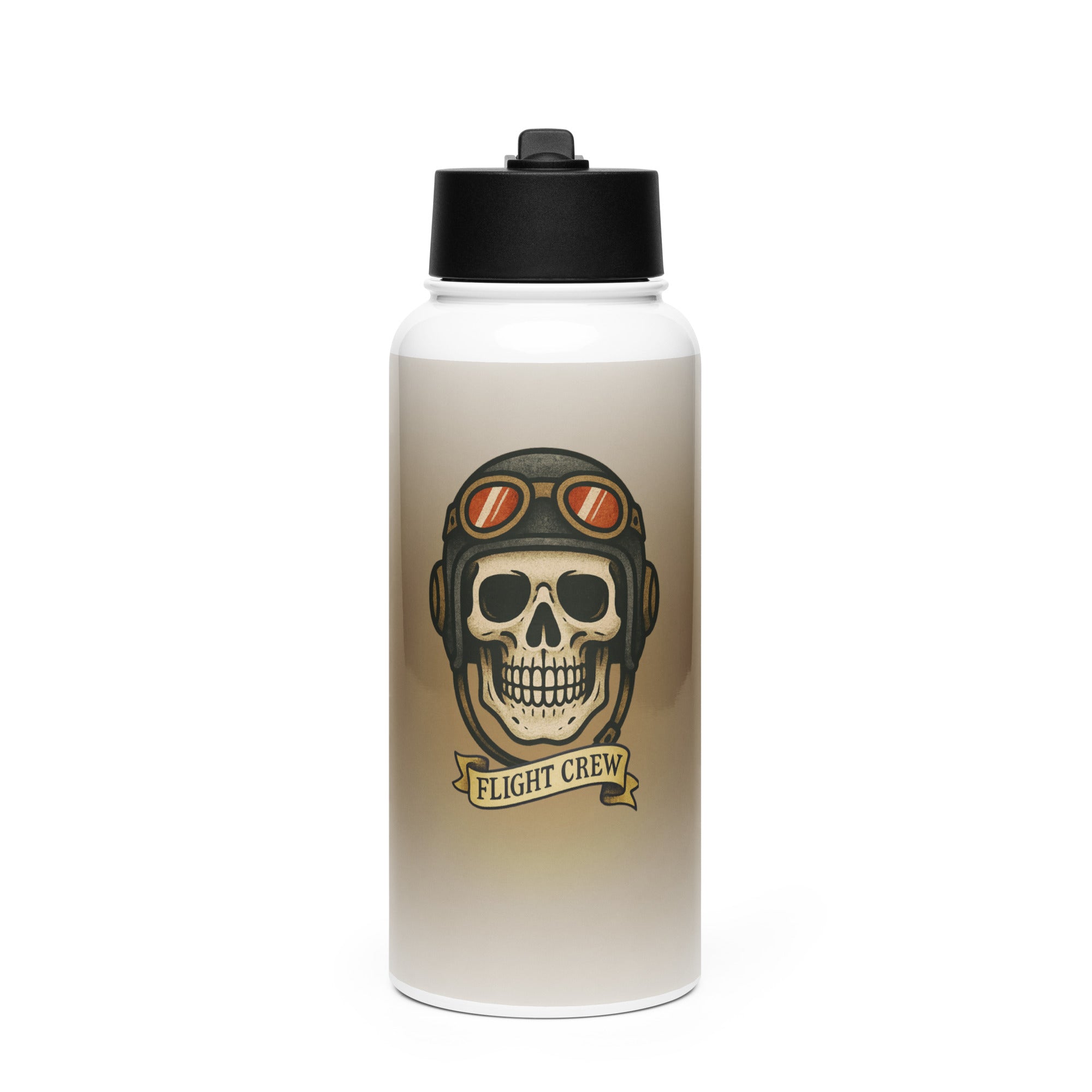 Water bottle with skull design and 'Flight Crew' text on a beige background by Rotor Wash & Wear