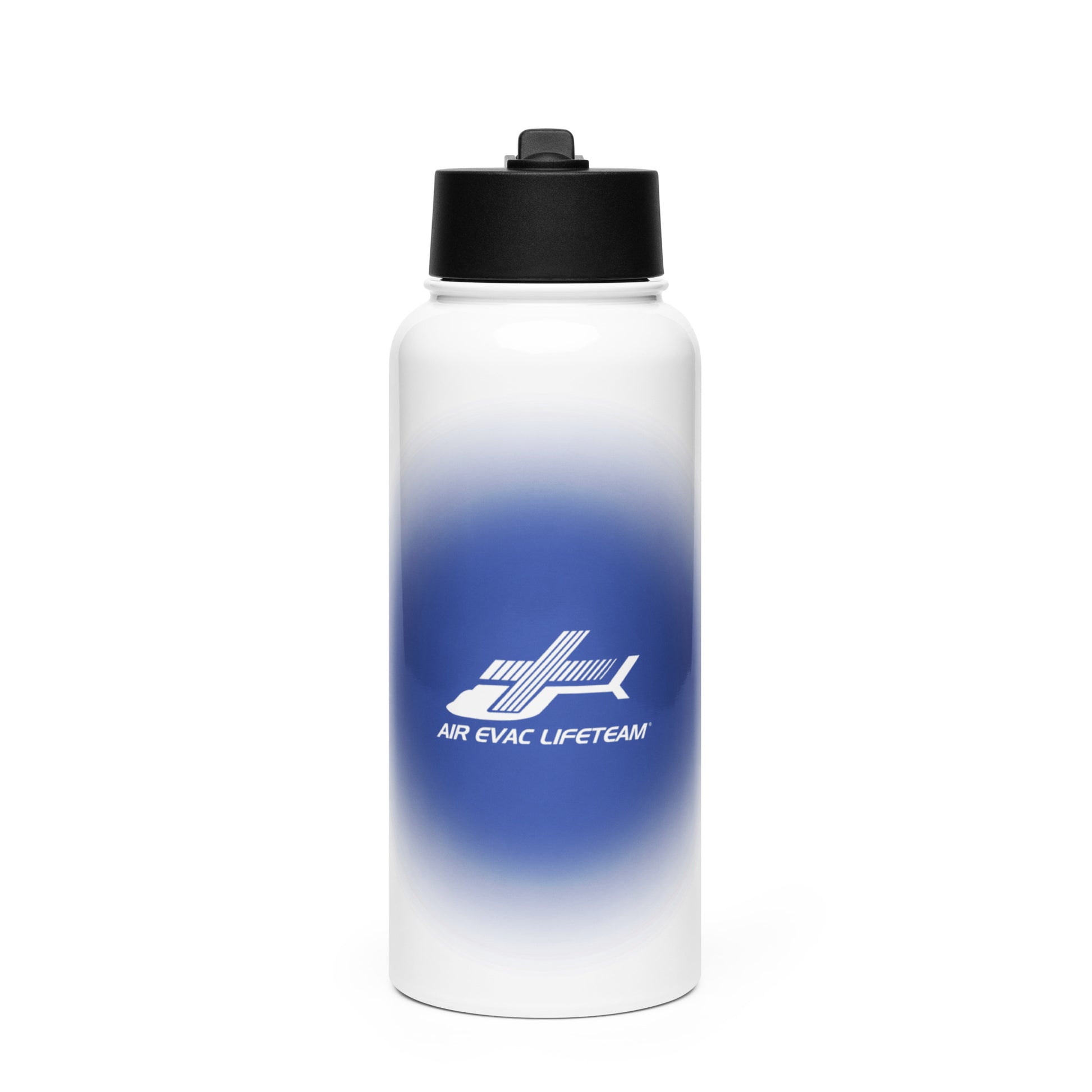Gradient water bottle with black cap and Air Evac Lifeteam logo on a white background