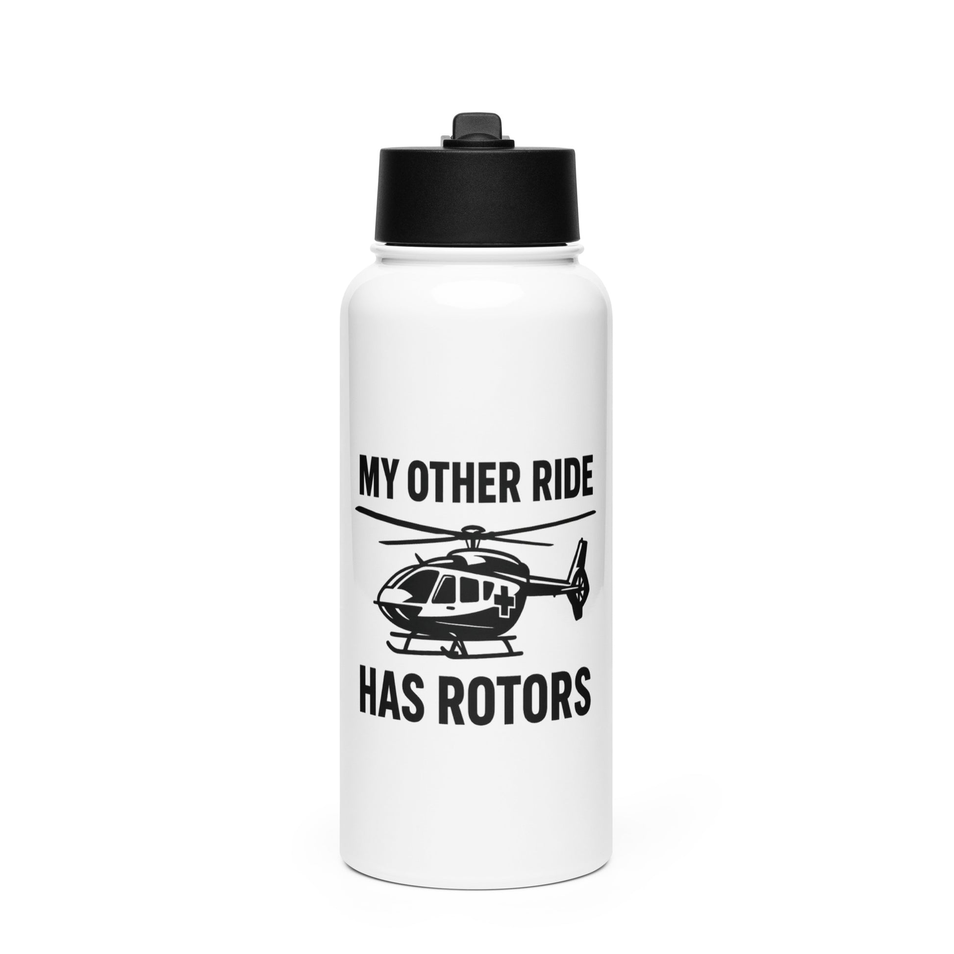 White water bottle with black lid featuring a helicopter graphic and "My other ride has rotors" by Rotor Wash & Wear